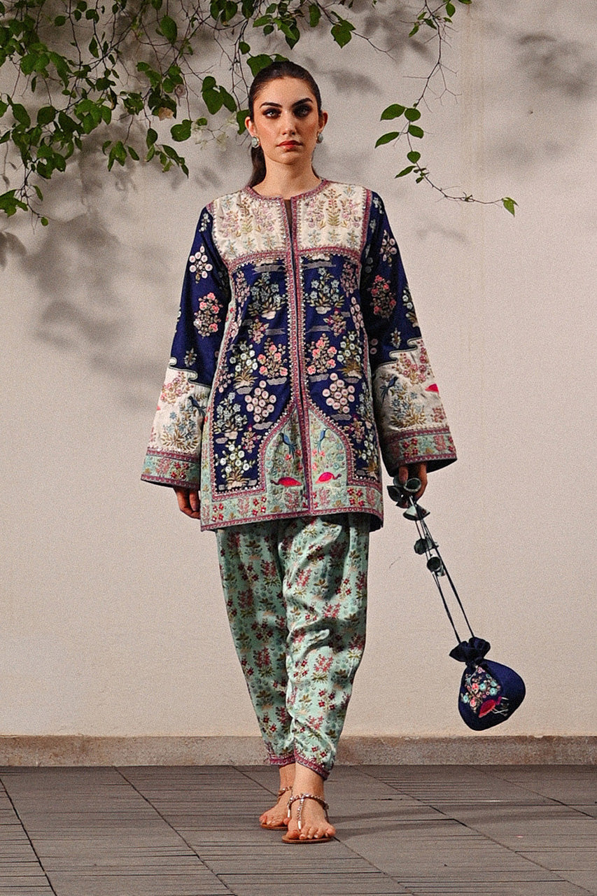 Pakistani Navy Celadon Embroidered Jamawar Charmeuse Salwar Kameez (2-Piece) - Image 5