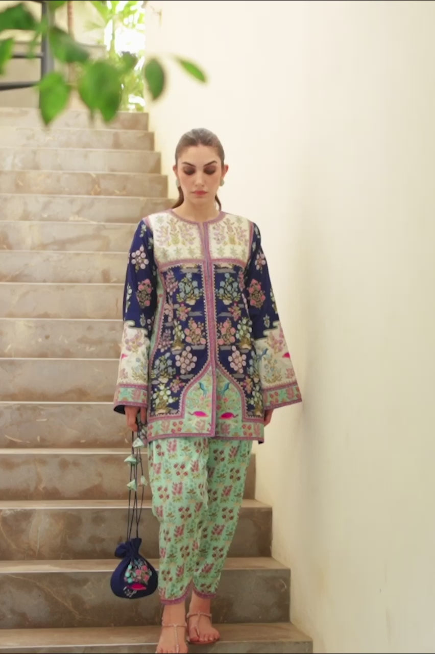 Pakistani Navy Celadon Embroidered Jamawar Charmeuse Salwar Kameez (2-Piece) - Image 6