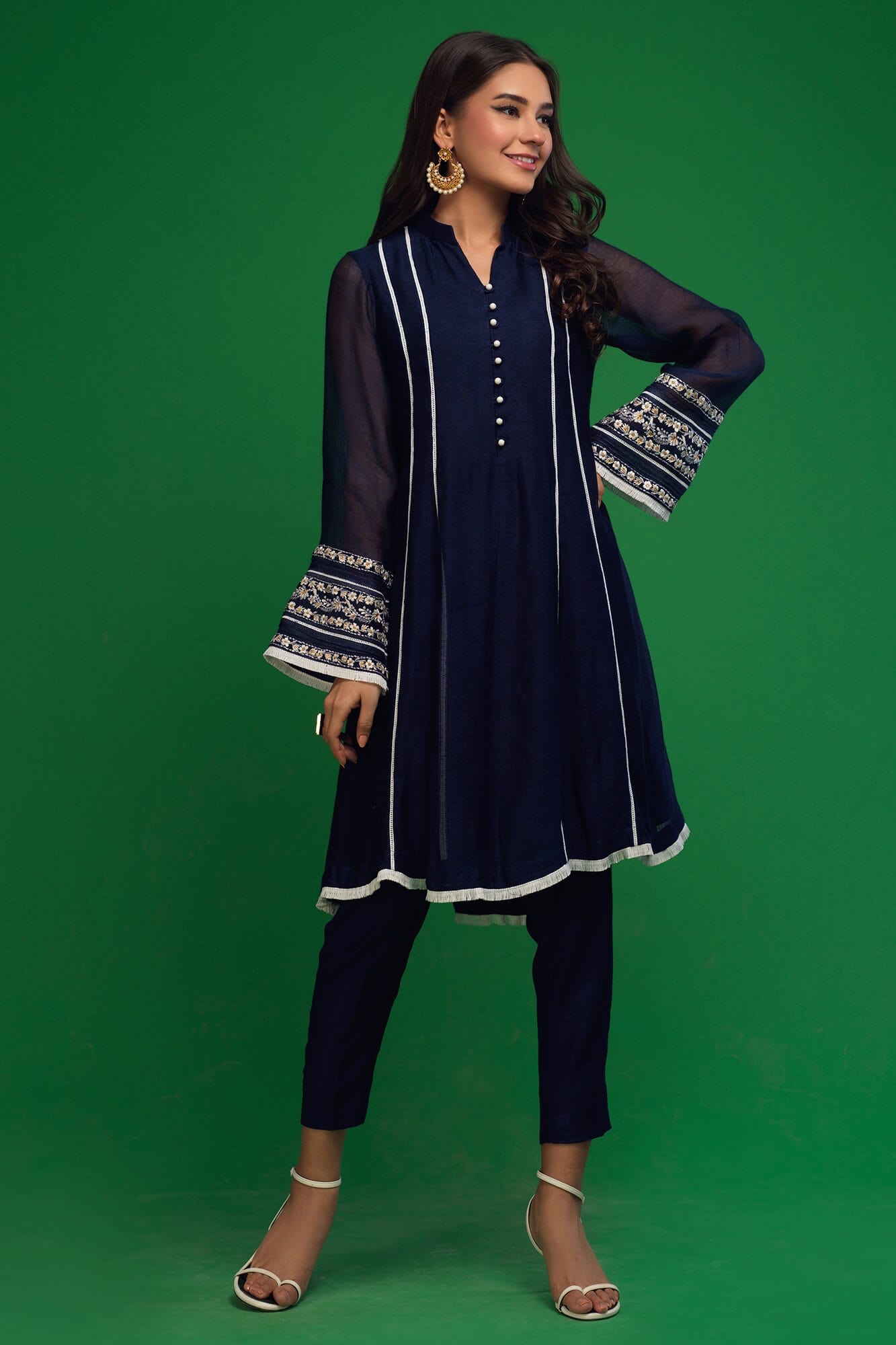 Navy Blue Embroidered Khaadi Net Kalidar Salwar Kameez (2-Piece) - Image 2