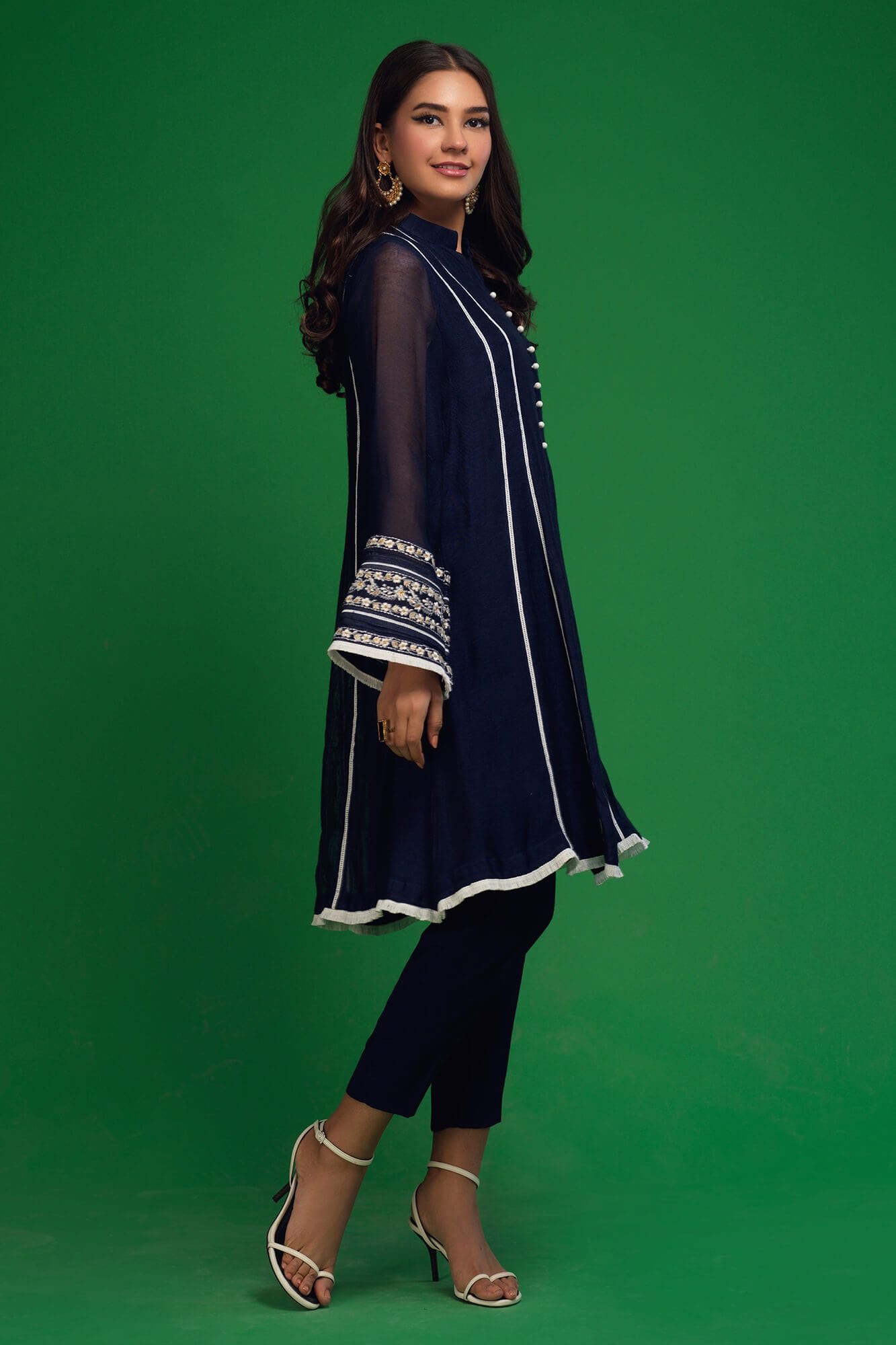 Navy Blue Embroidered Khaadi Net Kalidar Salwar Kameez (2-Piece) - Image 3