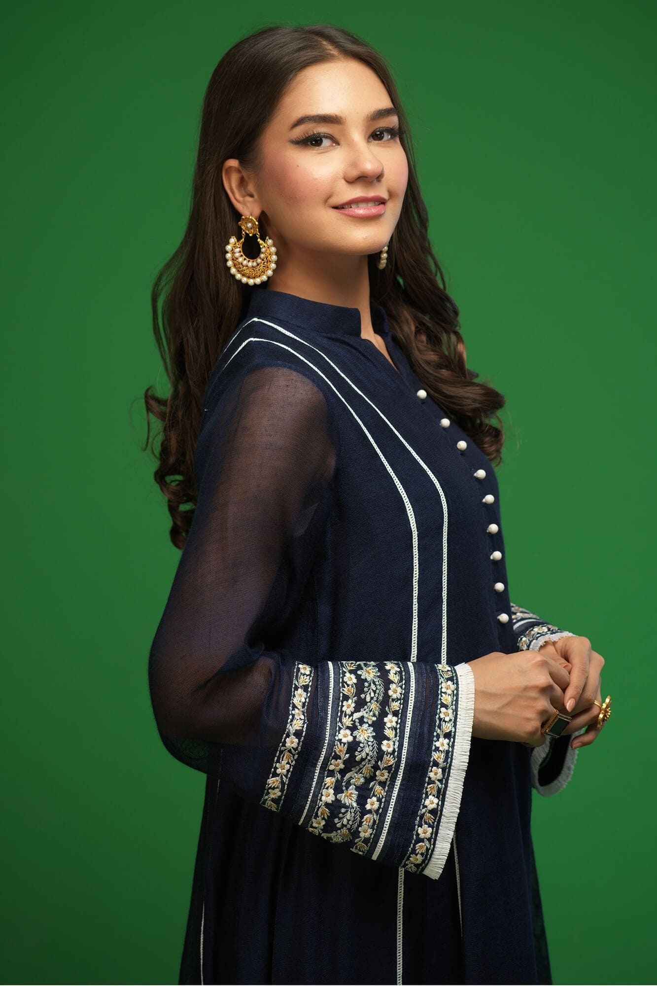 Navy Blue Embroidered Khaadi Net Kalidar Salwar Kameez (2-Piece) - Image 5