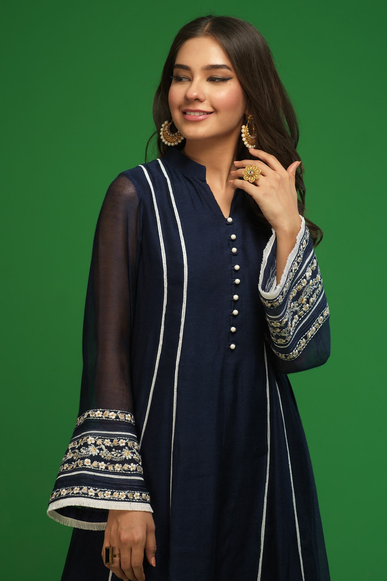 Navy Blue Embroidered Khaadi Net Kalidar Salwar Kameez (2-Piece) - Image 6