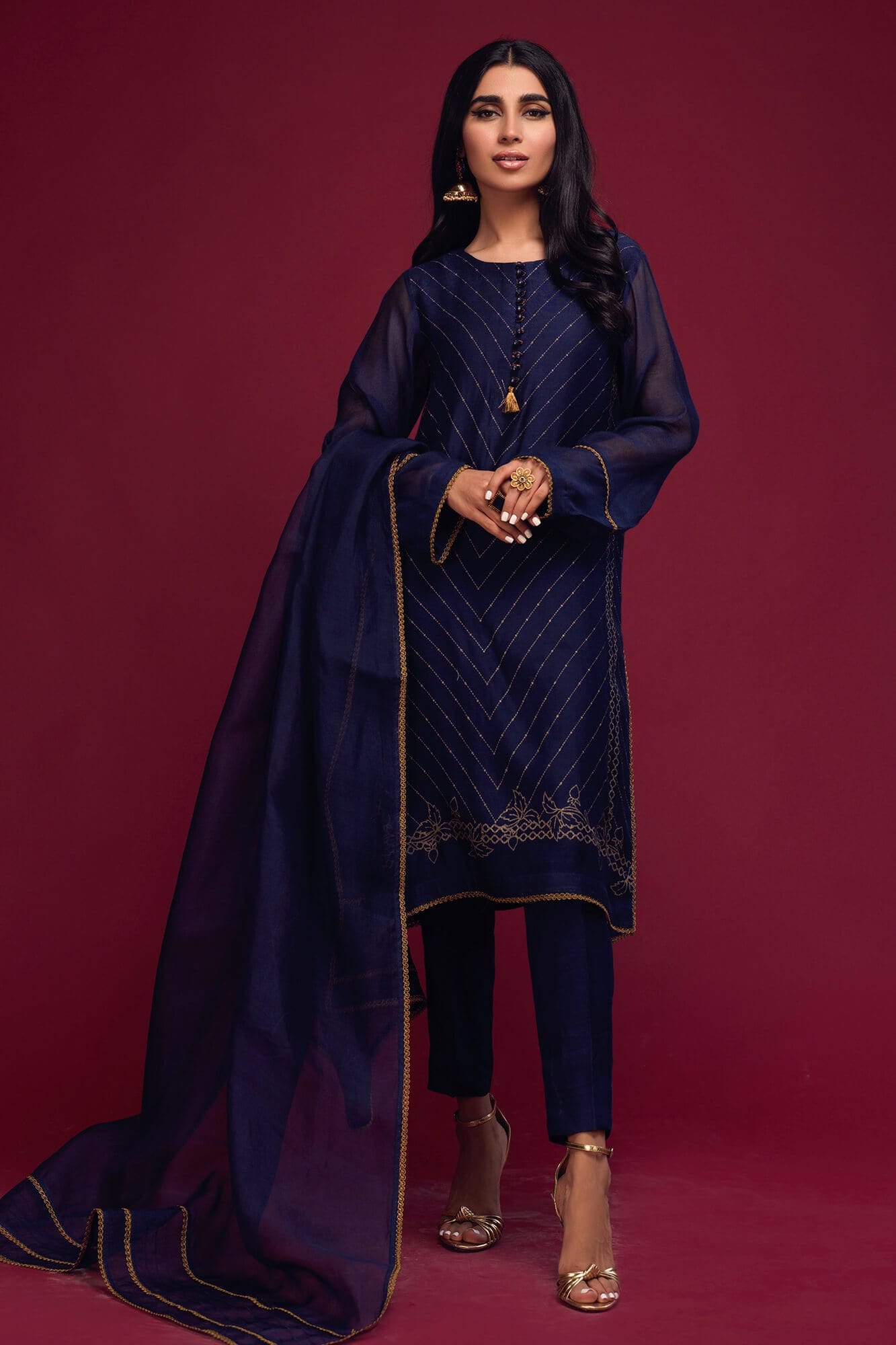 Navy Blue Screen-Printed Khaadi Net Salwar Kameez (3-Piece) - Image 2
