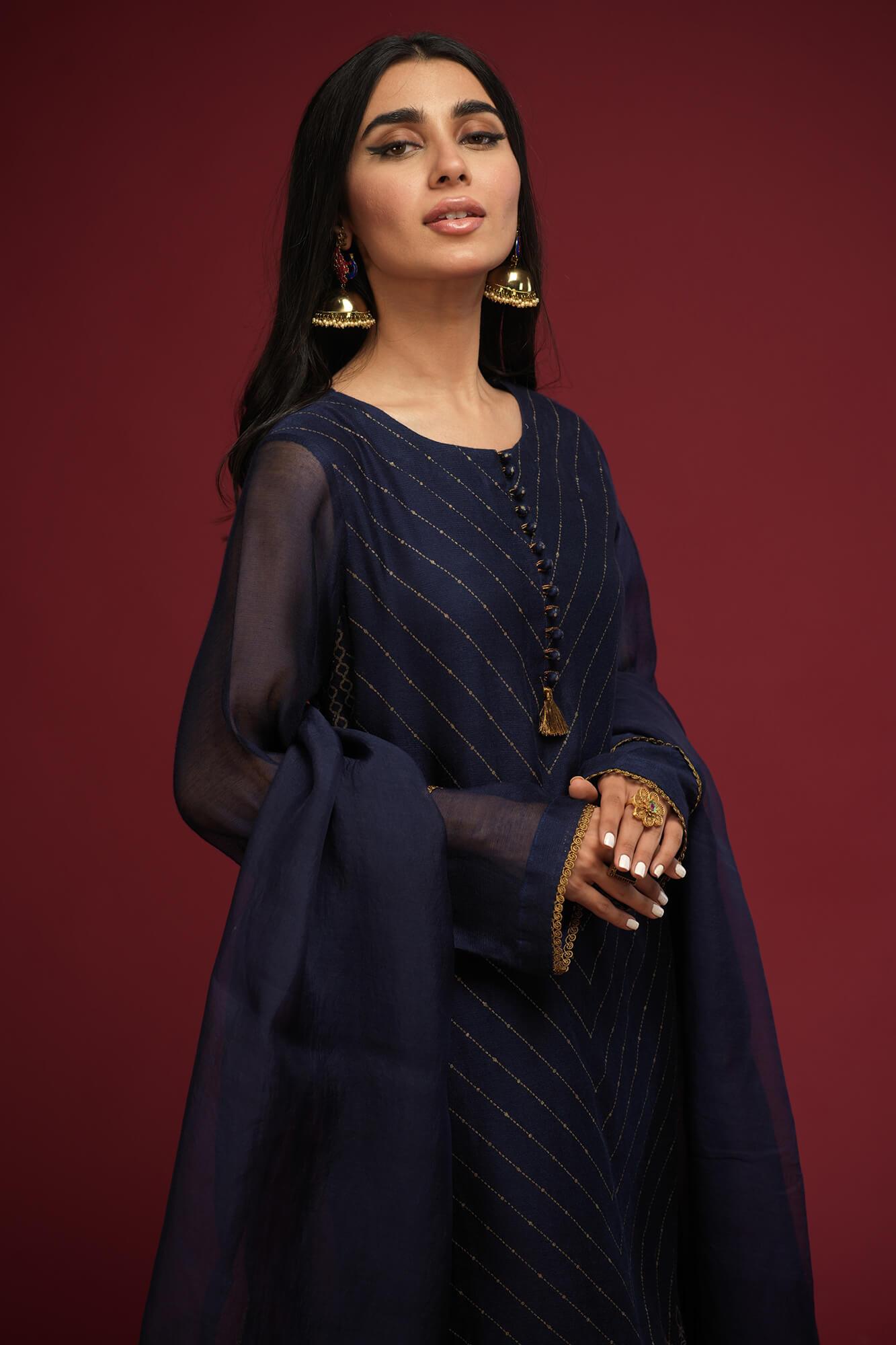 Navy Blue Screen-Printed Khaadi Net Salwar Kameez (3-Piece) - Image 4