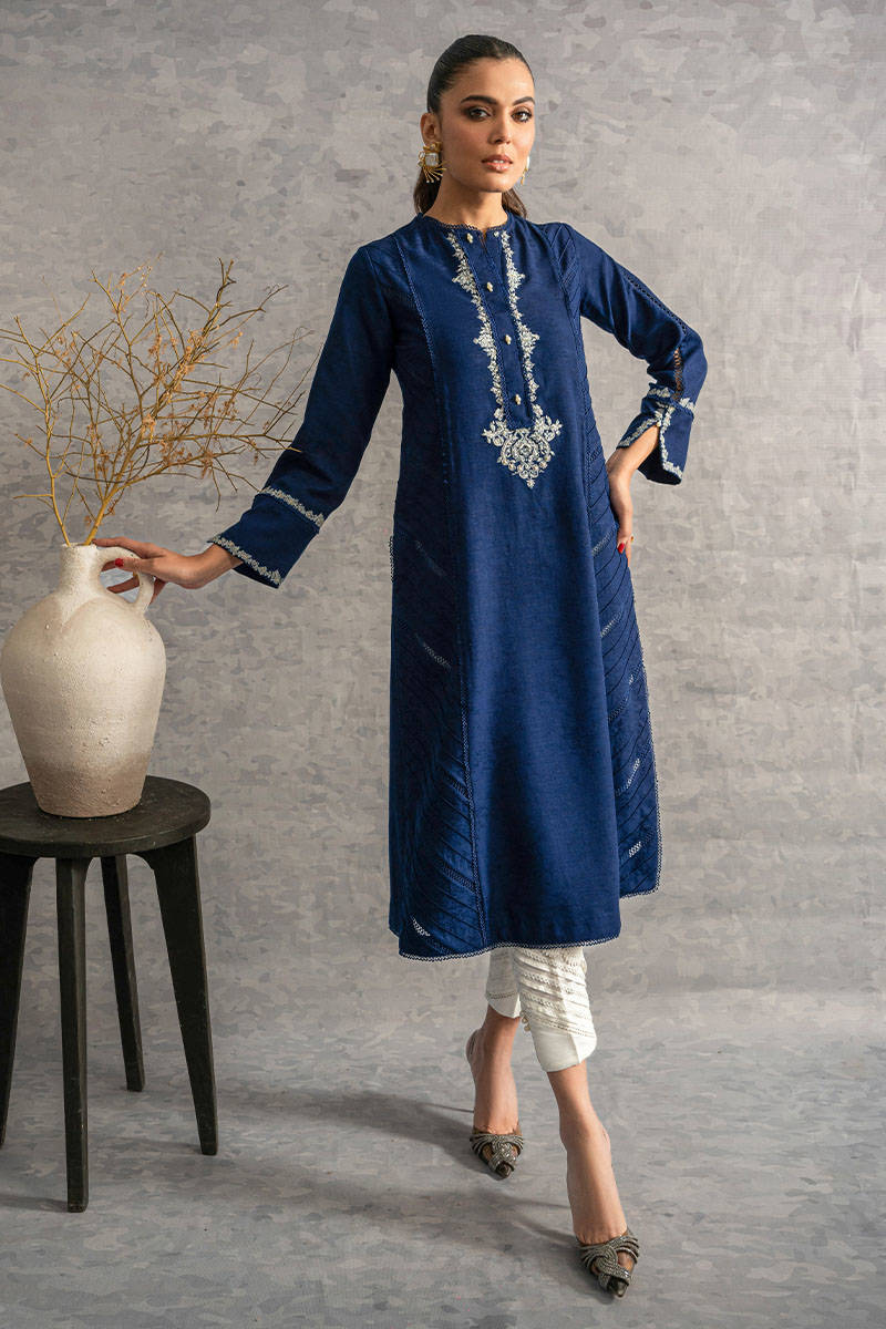 Pakistani Navy Blue Embroidered Khaddar Long Shirt (3-Piece) - Image 1