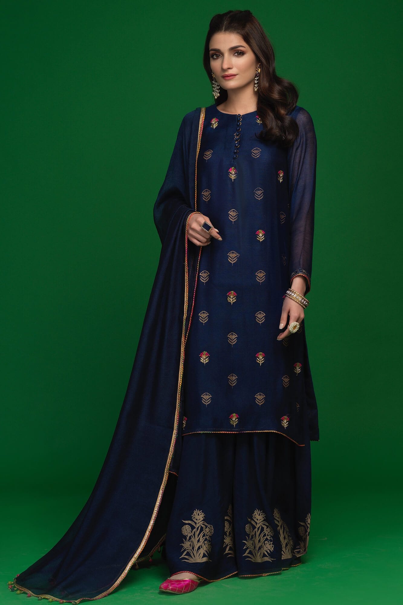 Pakistani Navy Blue Embroidered Khaddi Net Salwar Kameez (3-Piece) - Image 2