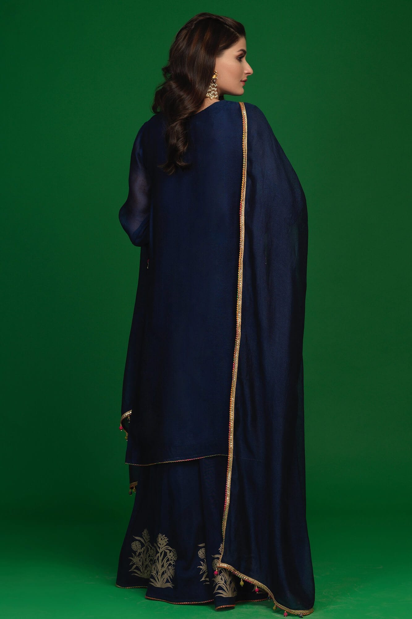 Pakistani Navy Blue Embroidered Khaddi Net Salwar Kameez (3-Piece) - Image 3