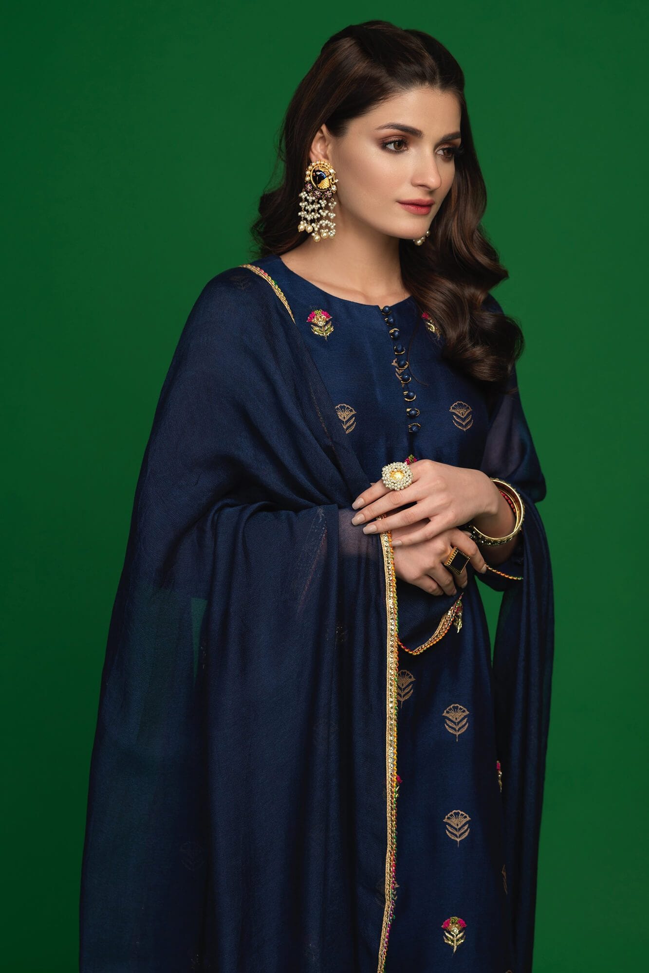 Pakistani Navy Blue Embroidered Khaddi Net Salwar Kameez (3-Piece) - Image 5