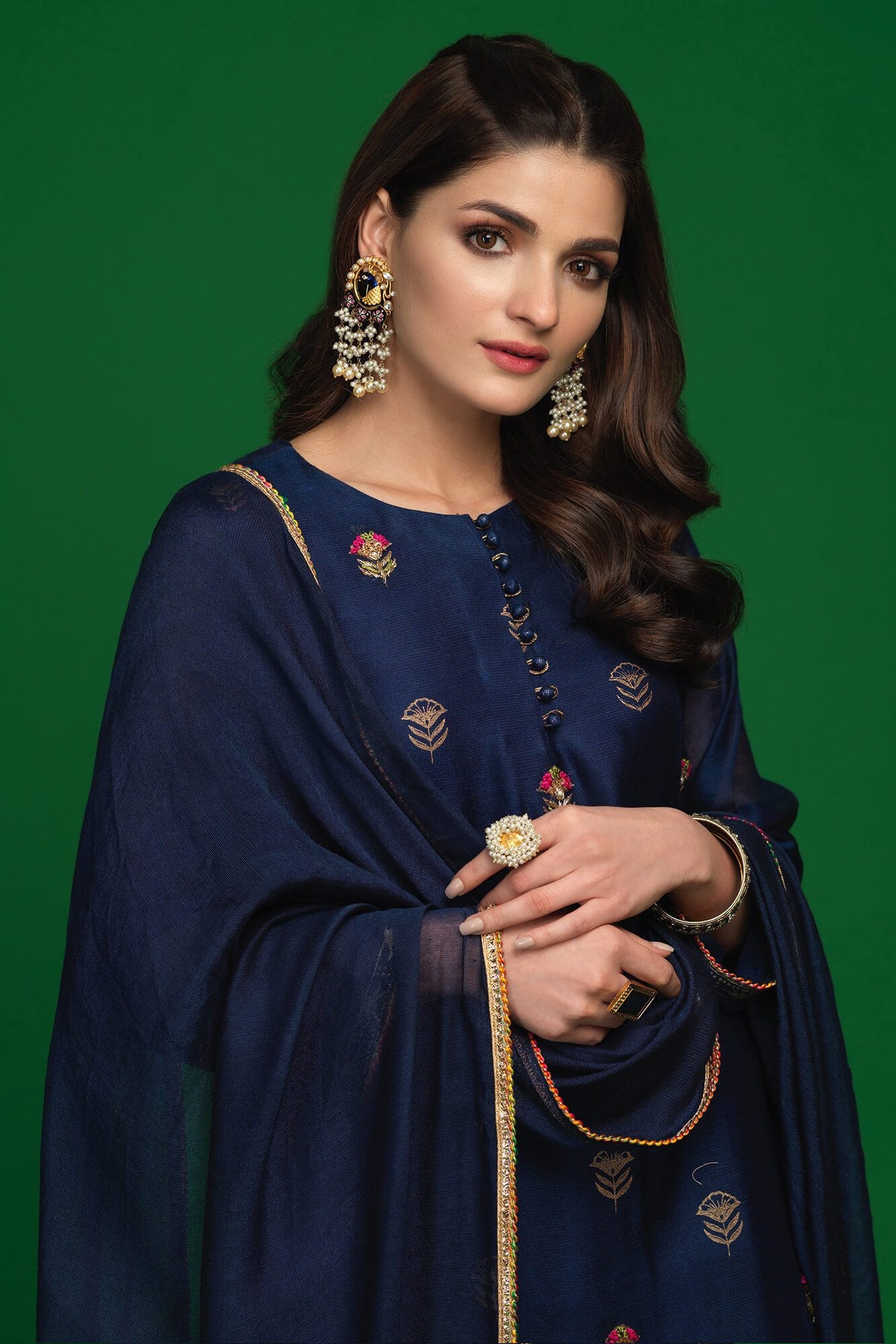 Navy Blue Embroidered Khaddi Net Salwar Kameez (3-Piece) - Image 4