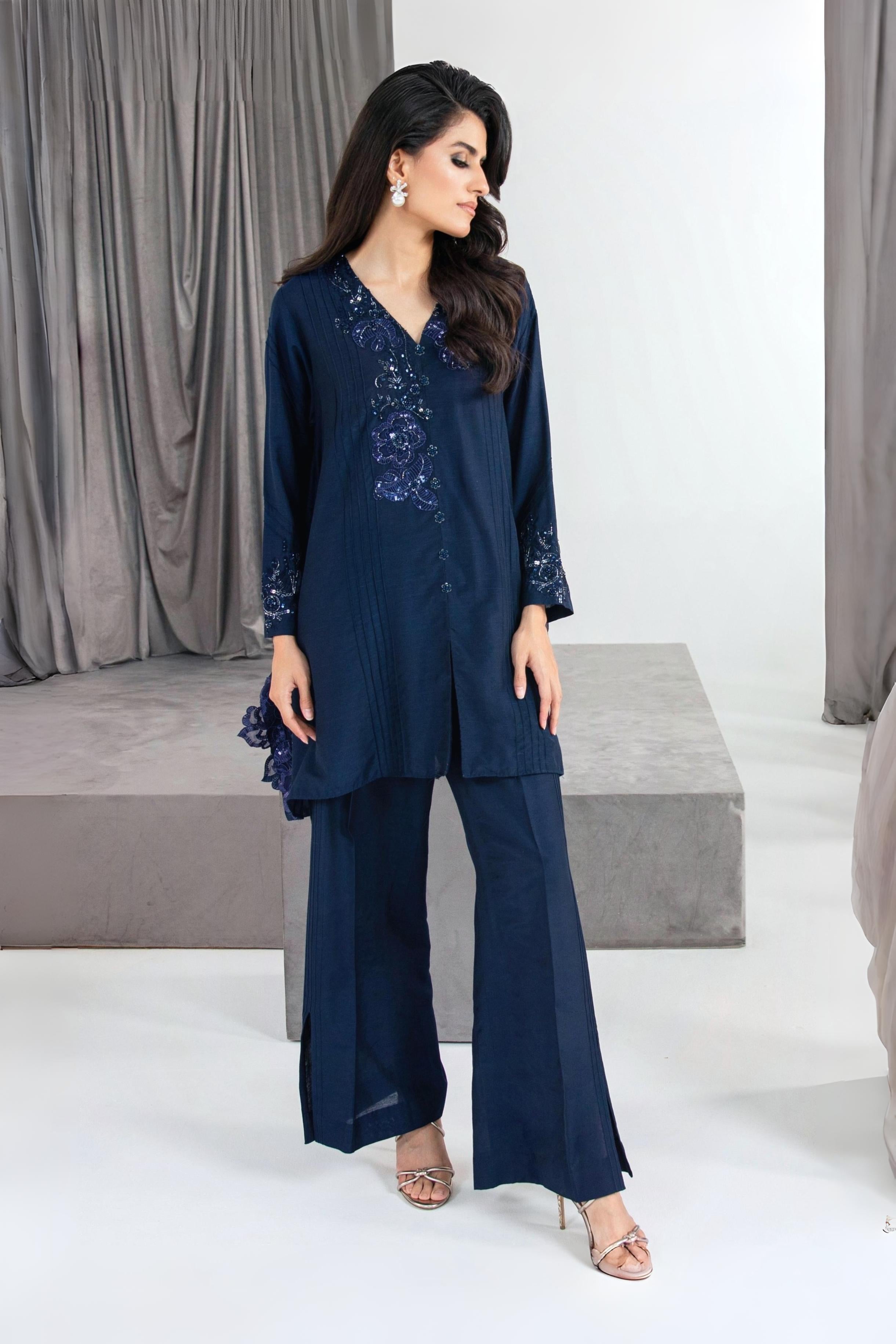 Pakistani Midnight Navy Embellished Khadi Silk Salwar Kameez (2-Piece) - Image 1