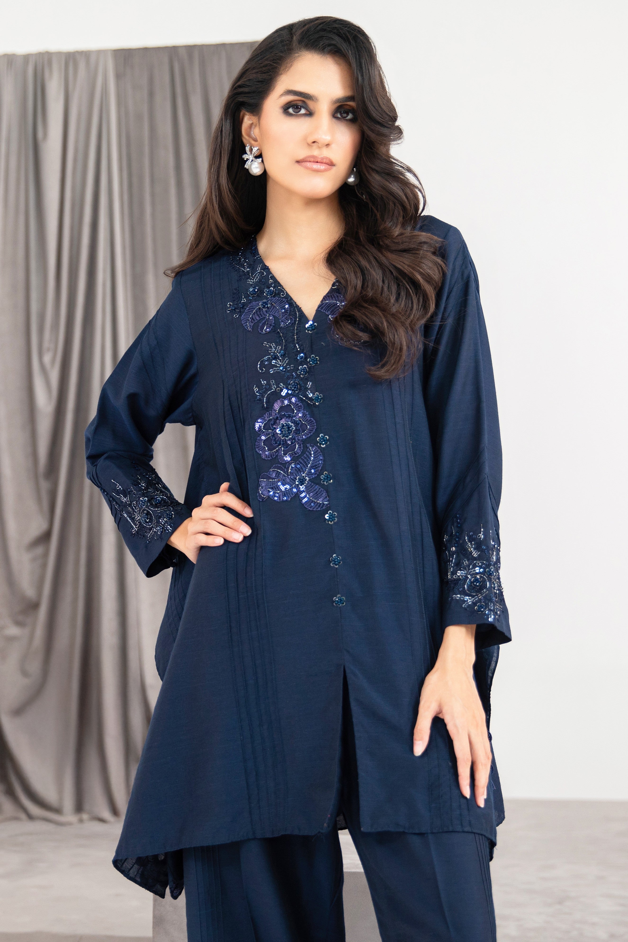 Pakistani Midnight Navy Embellished Khadi Silk Salwar Kameez (2-Piece) - Image 2