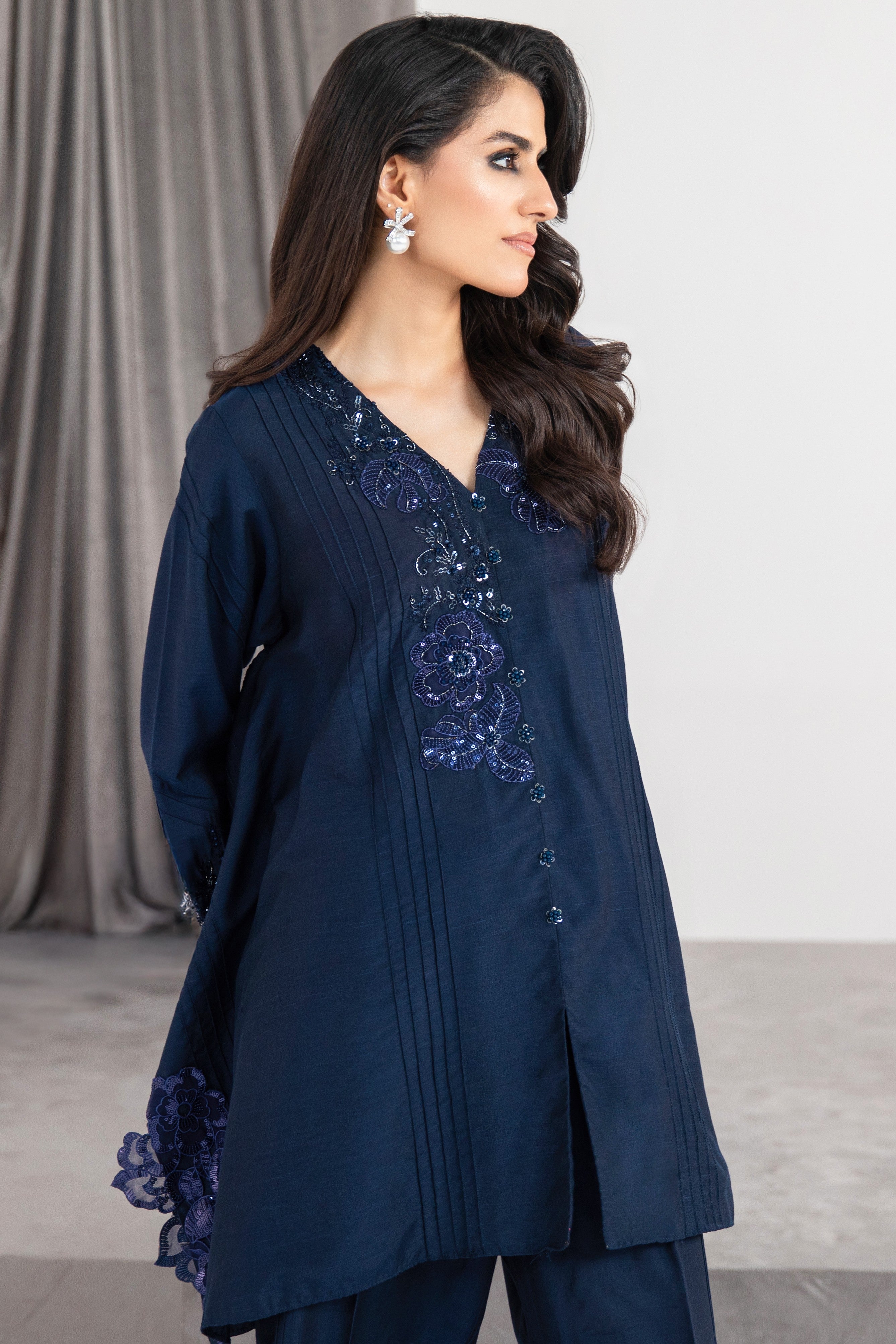 Pakistani Midnight Navy Embellished Khadi Silk Salwar Kameez (2-Piece) - Image 3