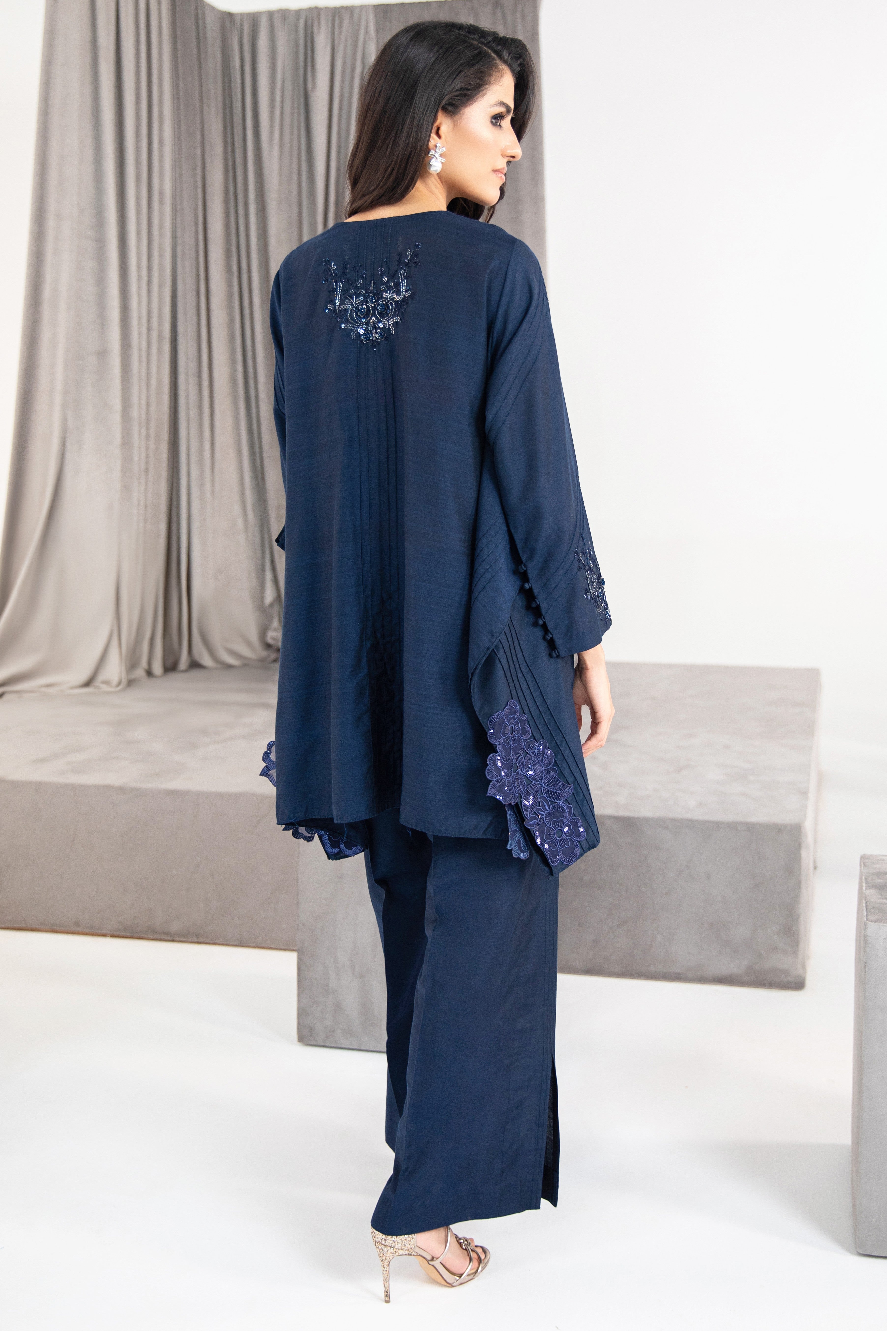 Pakistani Midnight Navy Embellished Khadi Silk Salwar Kameez (2-Piece) - Image 4