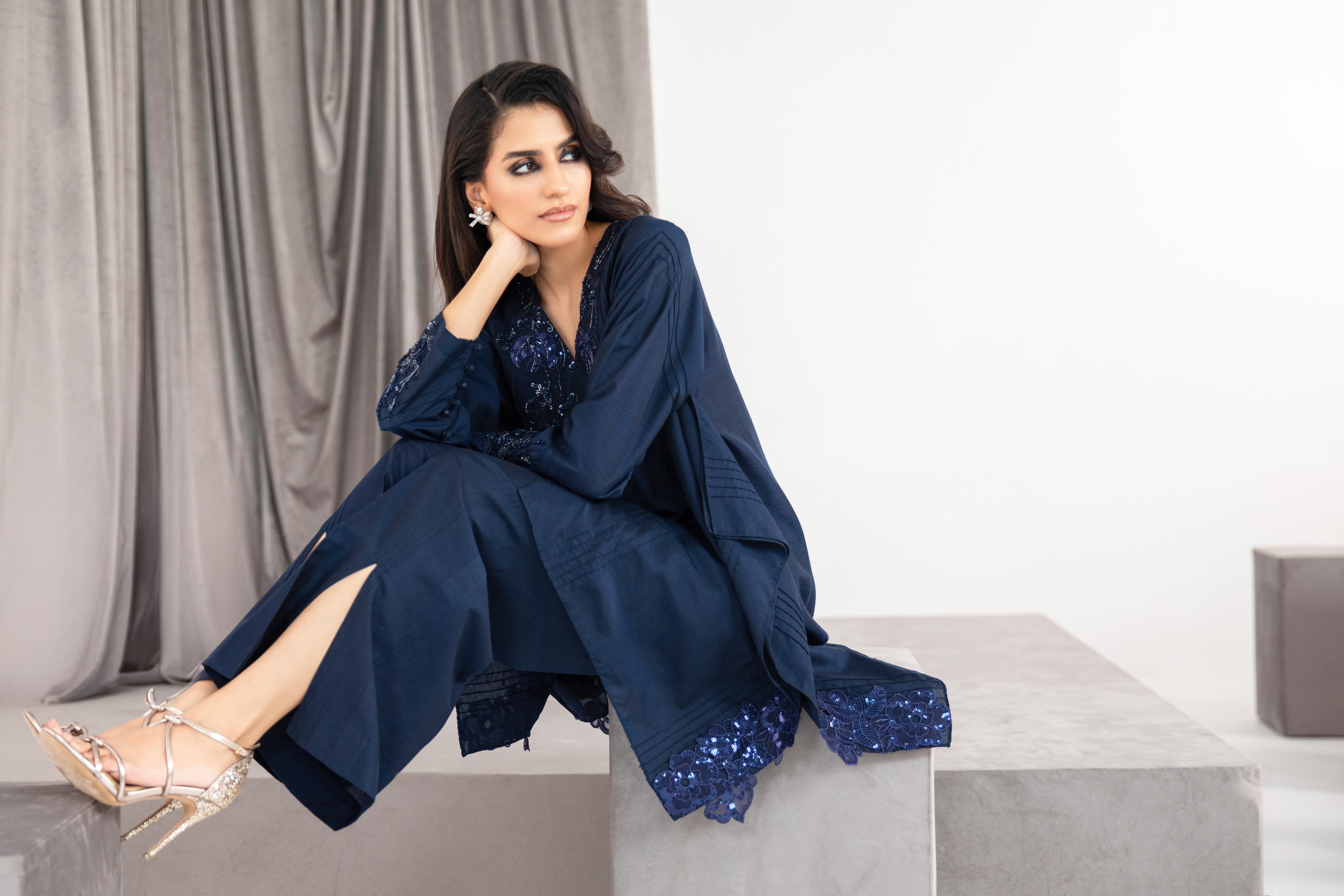 Pakistani Midnight Navy Embellished Khadi Silk Salwar Kameez (2-Piece) - Image 5