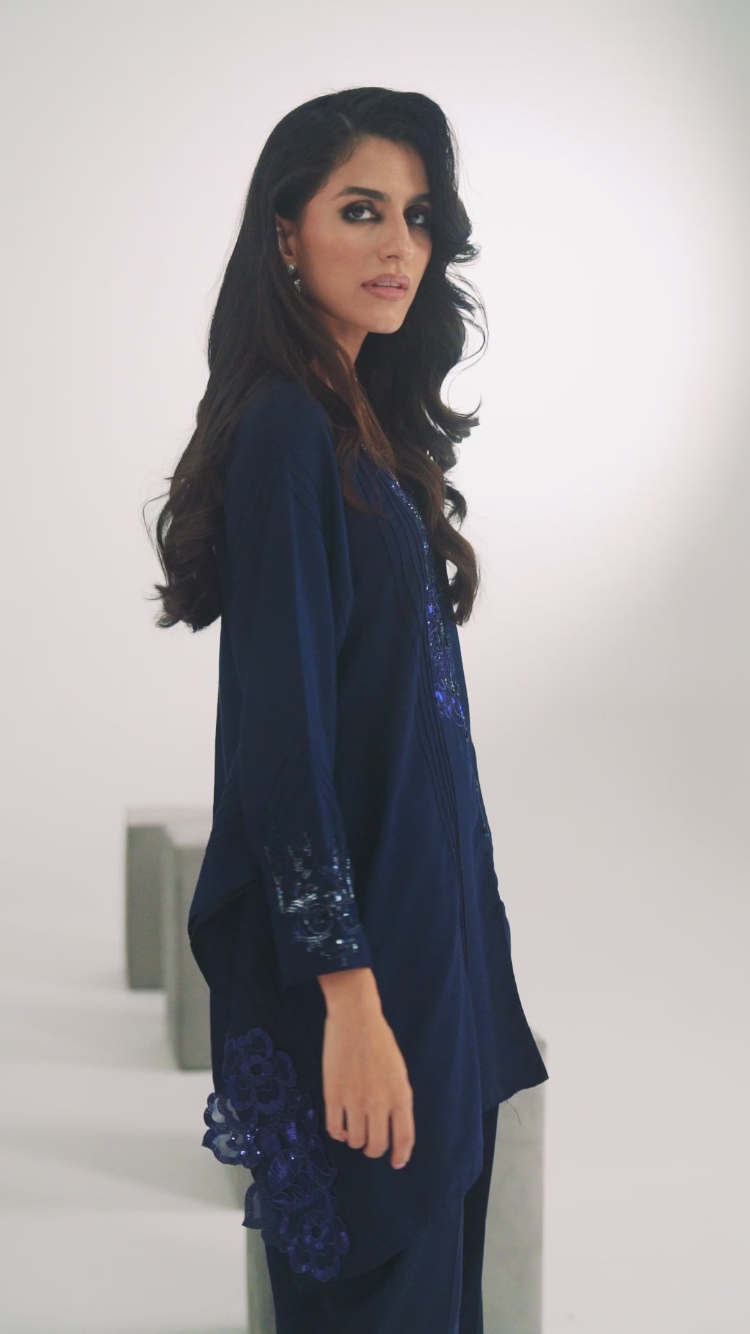 Pakistani Midnight Navy Embellished Khadi Silk Salwar Kameez (2-Piece) - Image 6