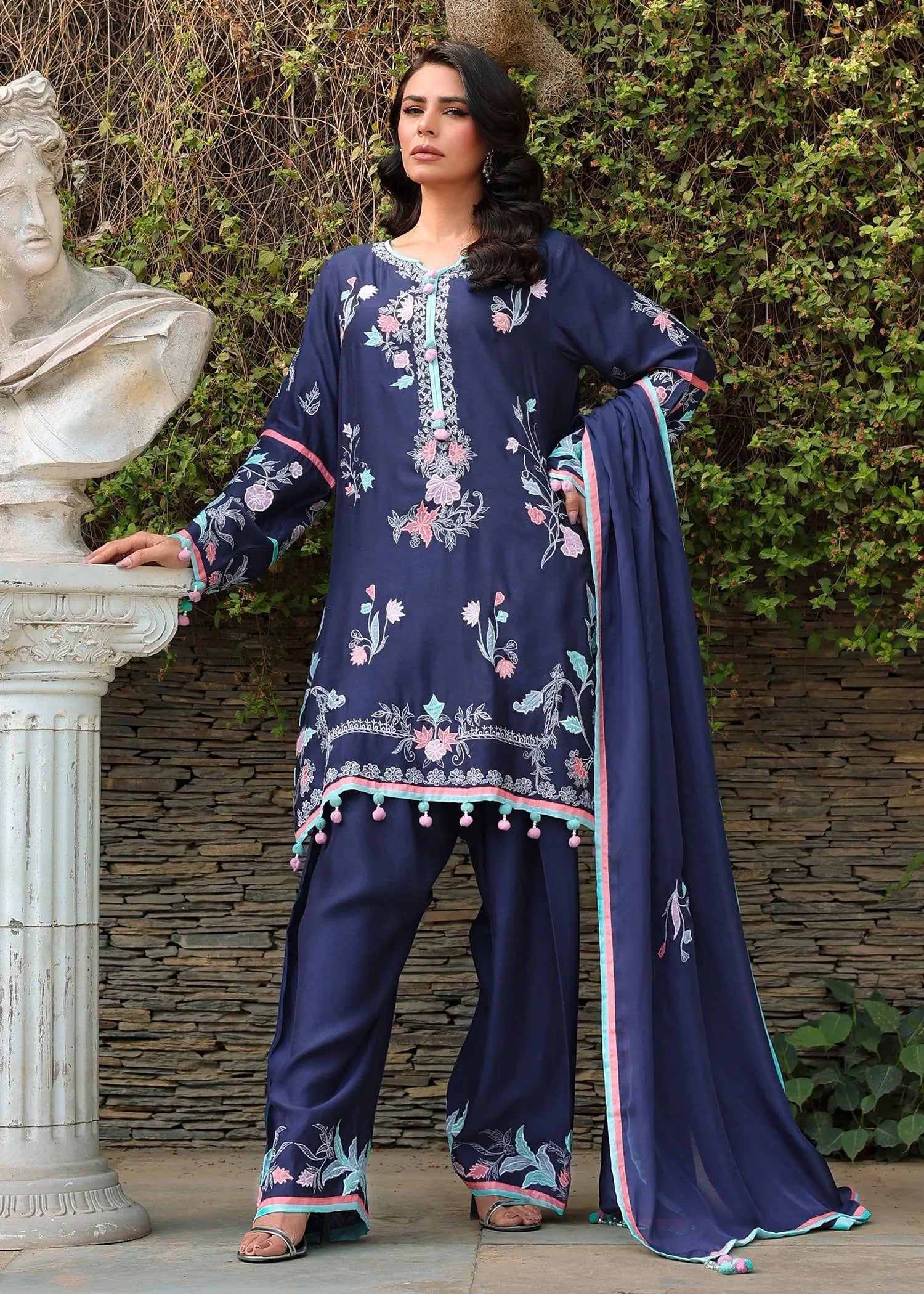 Navy Blue Embroidered Khadi Silk Salwar Kameez (3-Piece) - Image 1