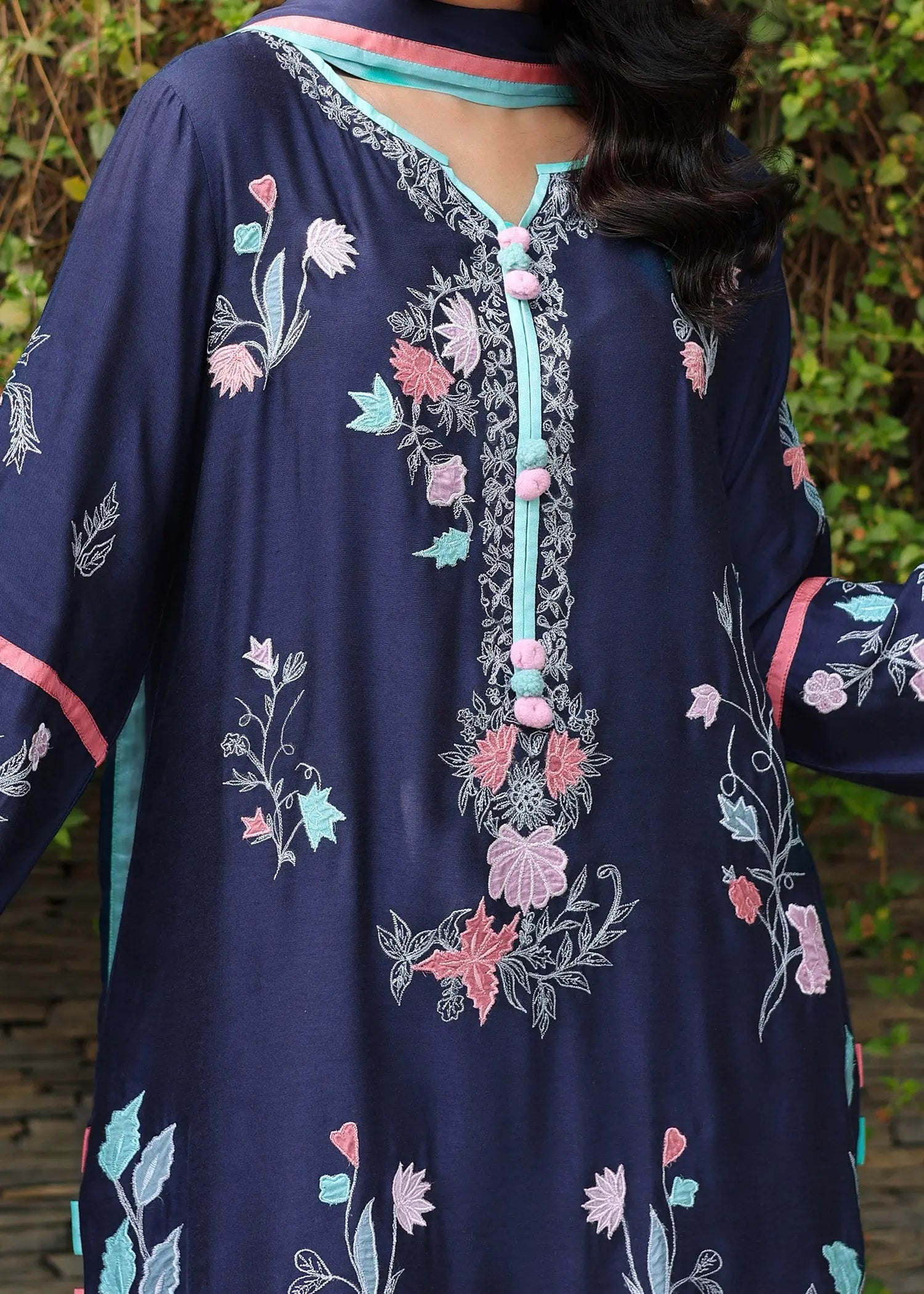 Navy Blue Embroidered Khadi Silk Salwar Kameez (3-Piece) - Image 2