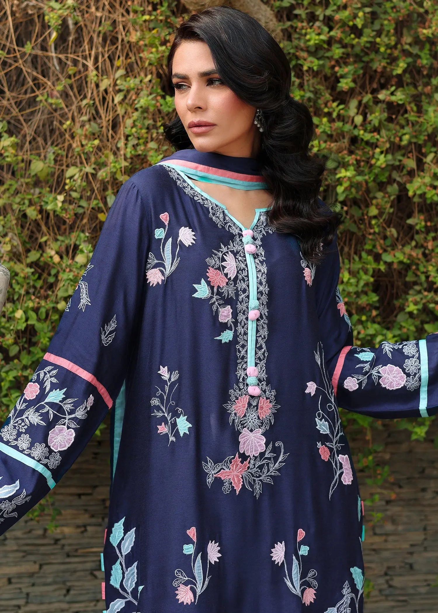Navy Blue Embroidered Khadi Silk Salwar Kameez (3-Piece) - Image 3