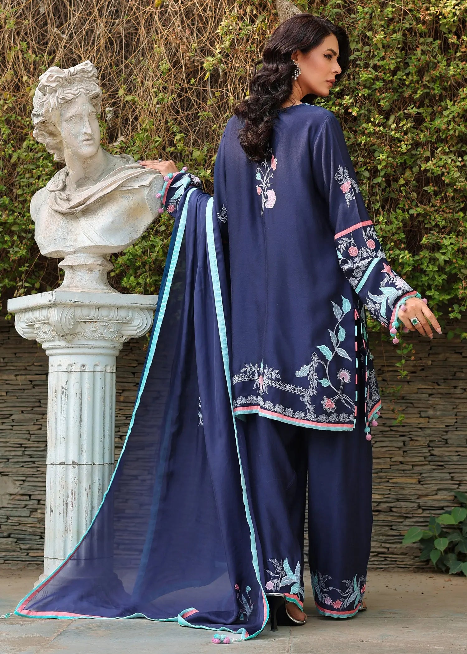 Navy Blue Embroidered Khadi Silk Salwar Kameez (3-Piece) - Image 4