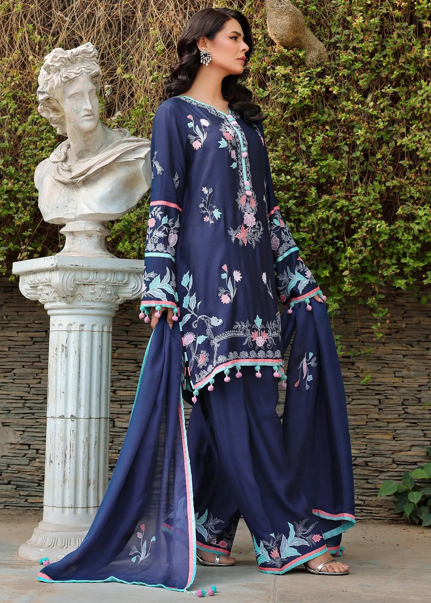 Navy Blue Embroidered Khadi Silk Salwar Kameez (3-Piece) - Image 5