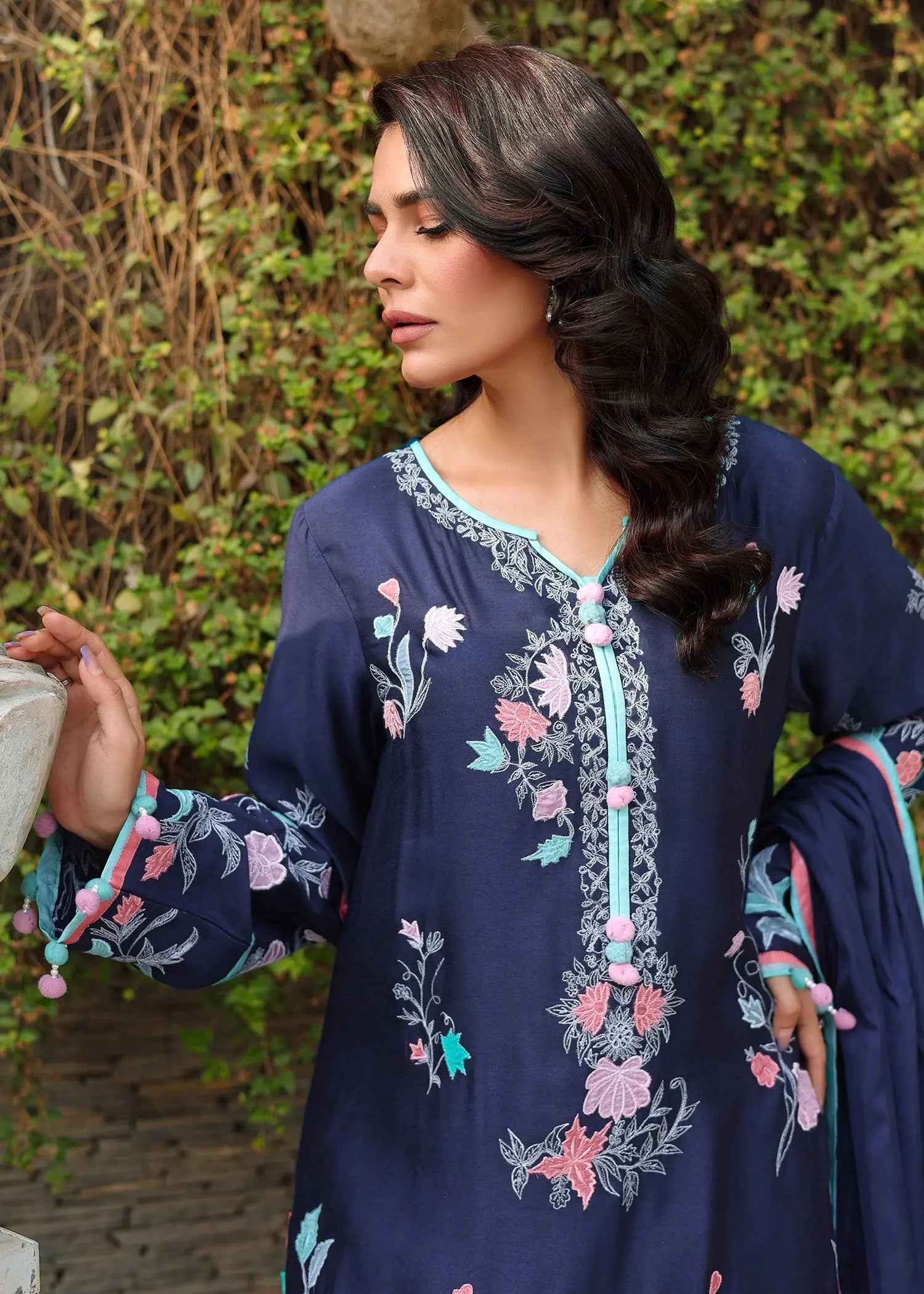 Navy Blue Embroidered Khadi Silk Salwar Kameez (3-Piece) - Image 7