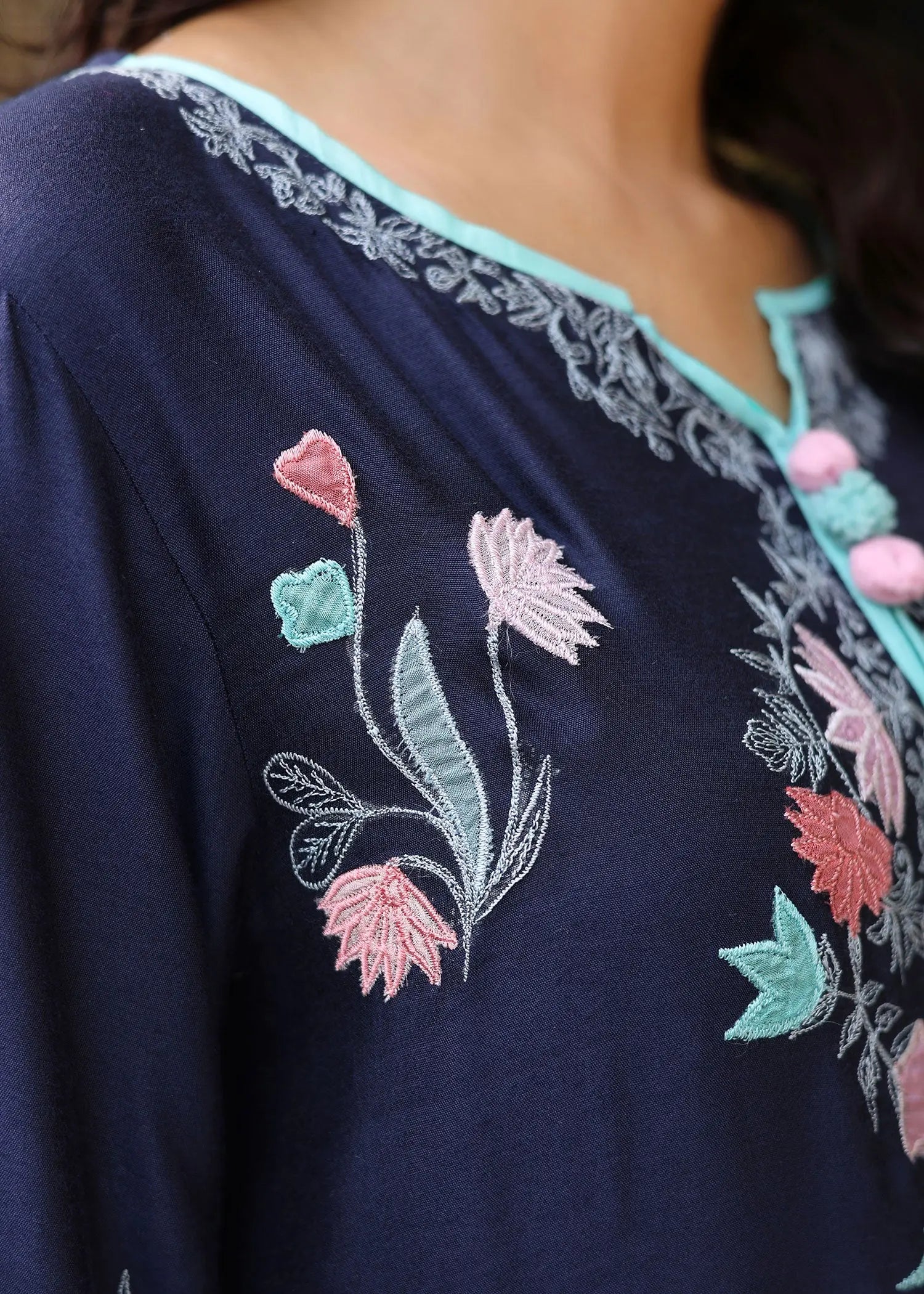 Navy Blue Embroidered Khadi Silk Salwar Kameez (3-Piece) - Image 8