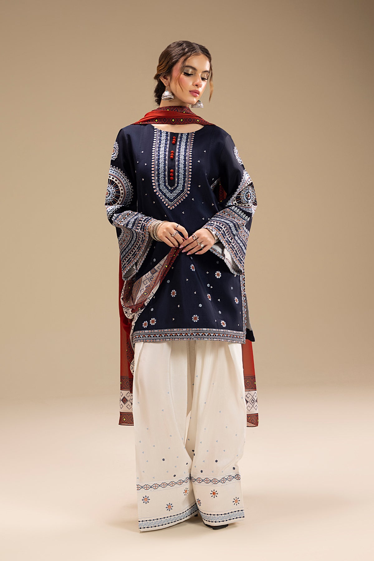 Pakistani Navy Embroidered Korean Silk Salwar Kameez (3-Piece) - Image 11