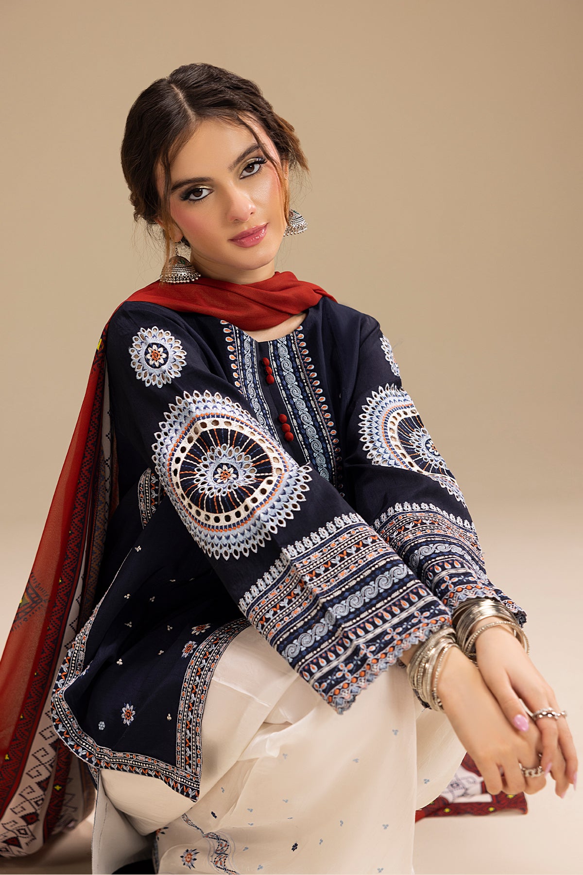 Pakistani Navy Embroidered Korean Silk Salwar Kameez (3-Piece) - Image 12