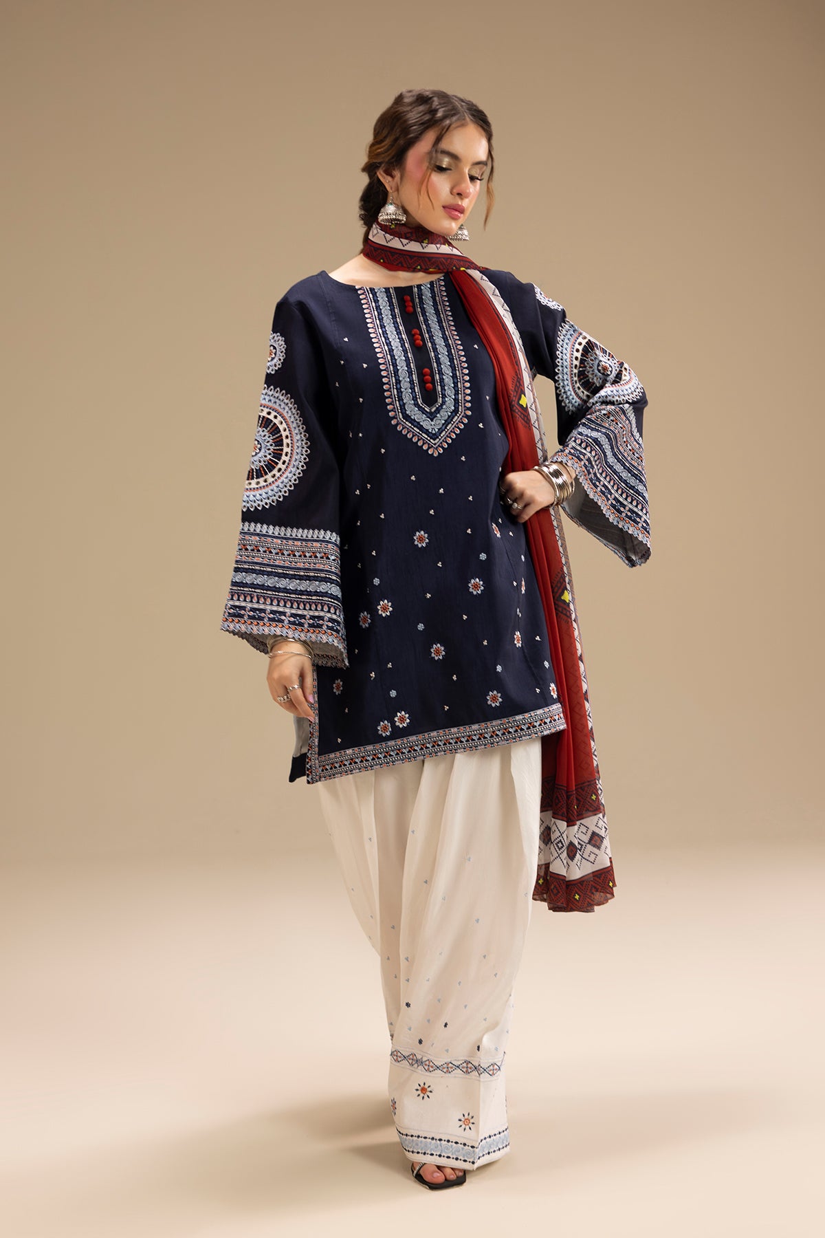 Pakistani Navy Embroidered Korean Silk Salwar Kameez (3-Piece) - Image 3