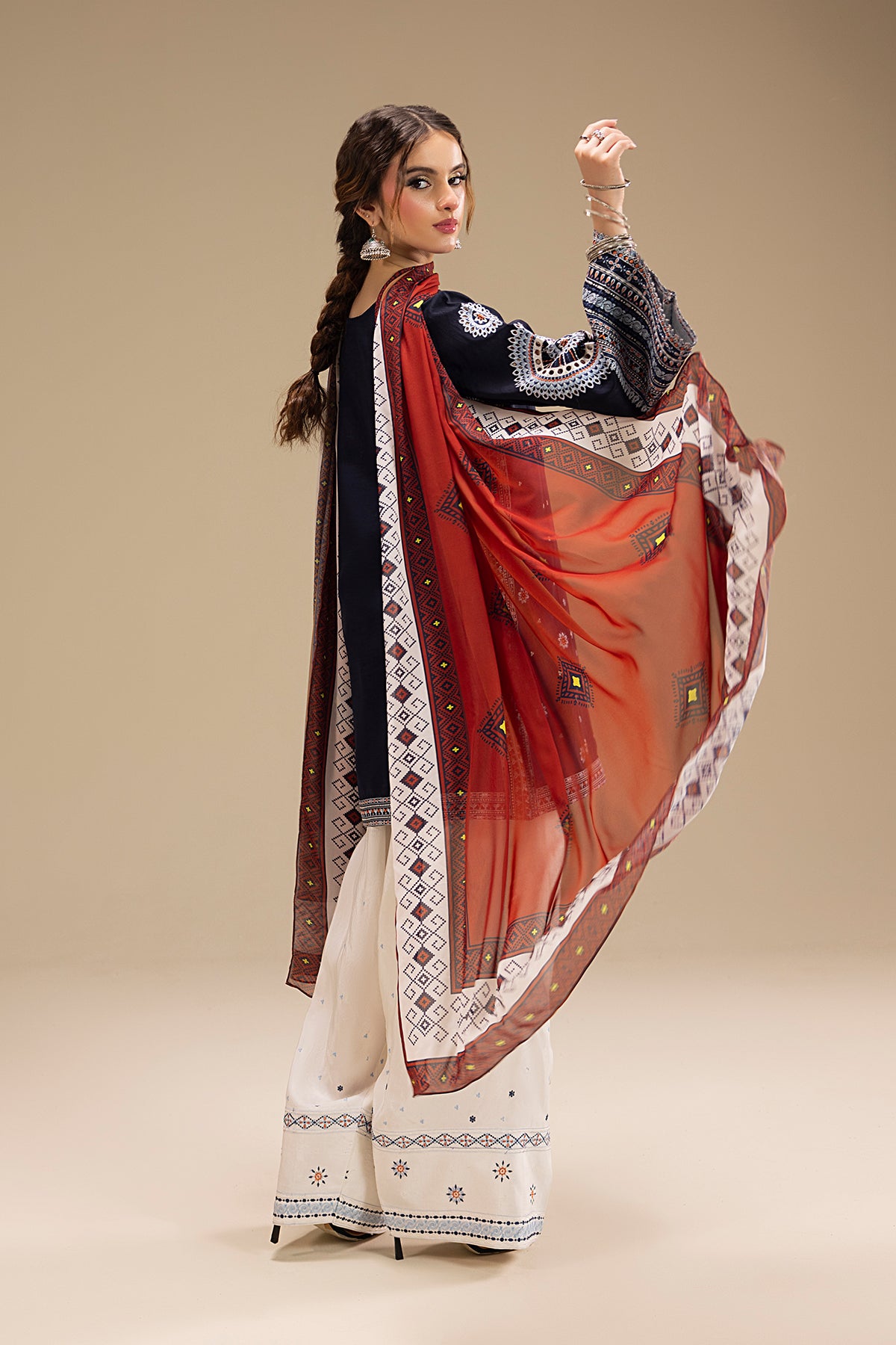 Pakistani Navy Embroidered Korean Silk Salwar Kameez (3-Piece) - Image 5