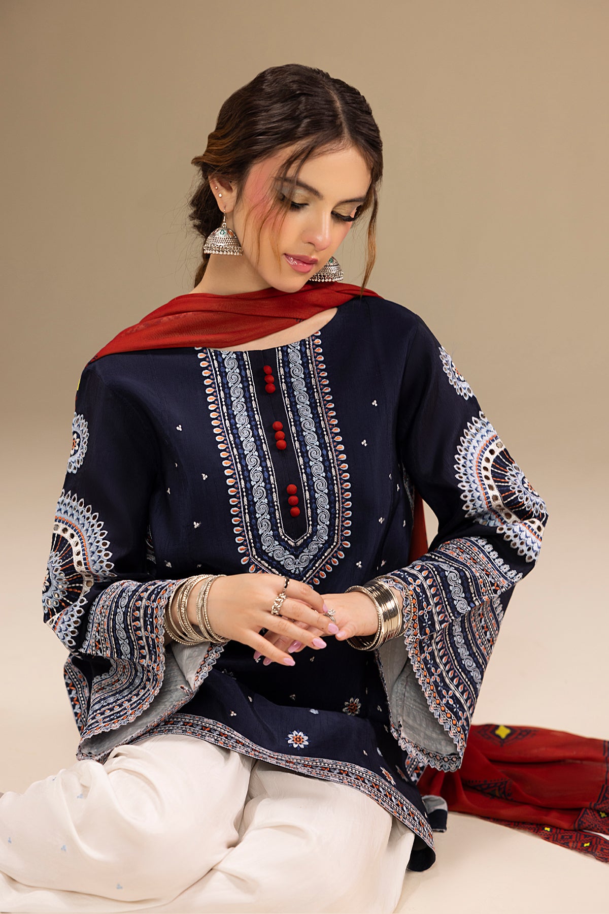 Pakistani Navy Embroidered Korean Silk Salwar Kameez (3-Piece) - Image 6