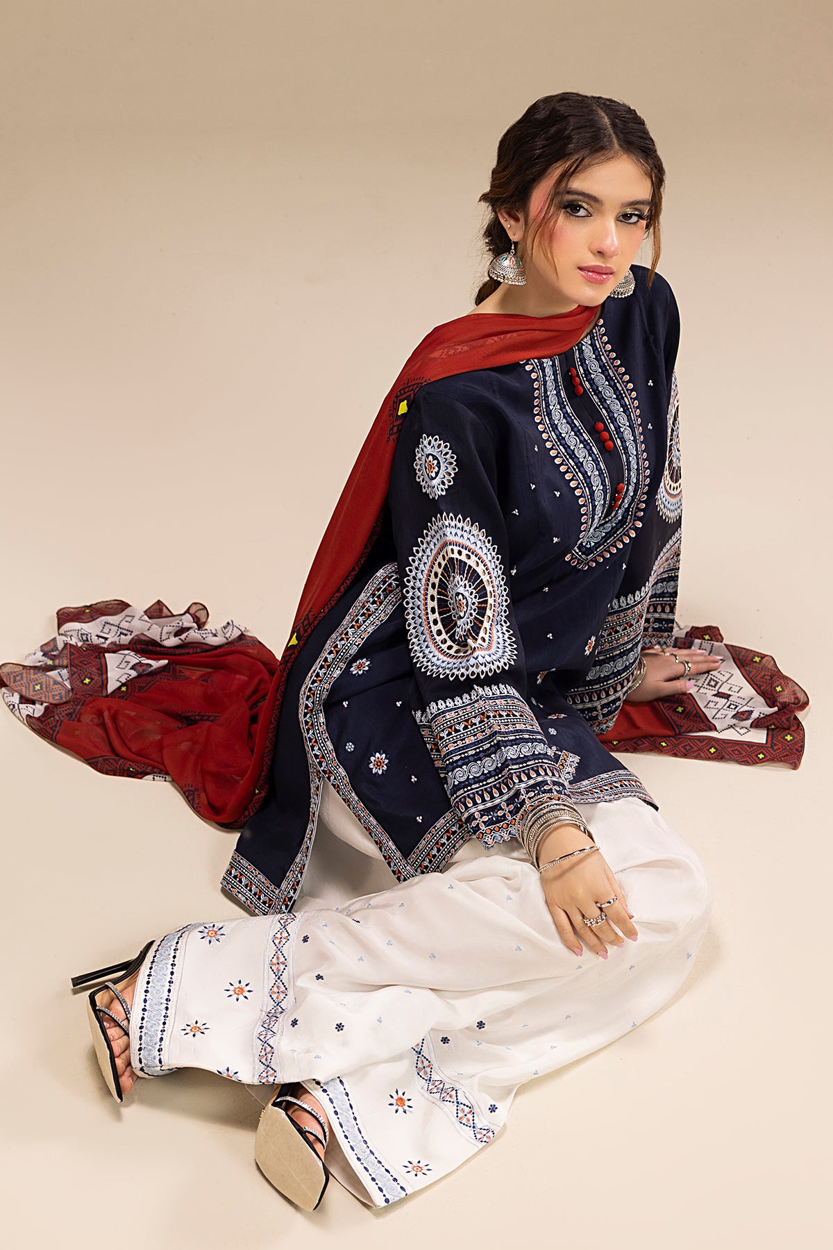 Pakistani Navy Embroidered Korean Silk Salwar Kameez (3-Piece) - Image 7