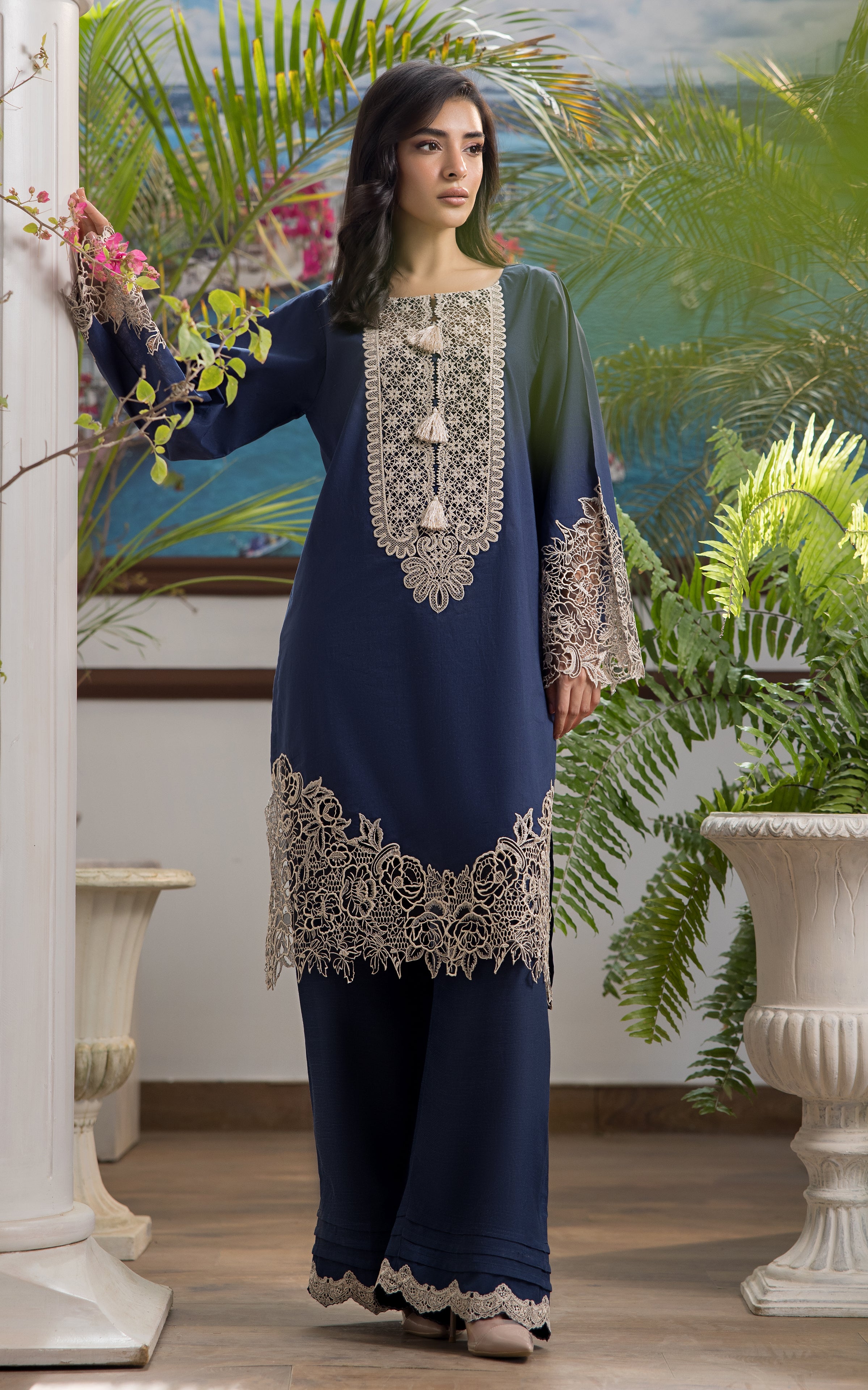 Pakistani Navy Blue Cutwork Embroidered Lawn Salwar Kameez (2-Piece) - Image 1