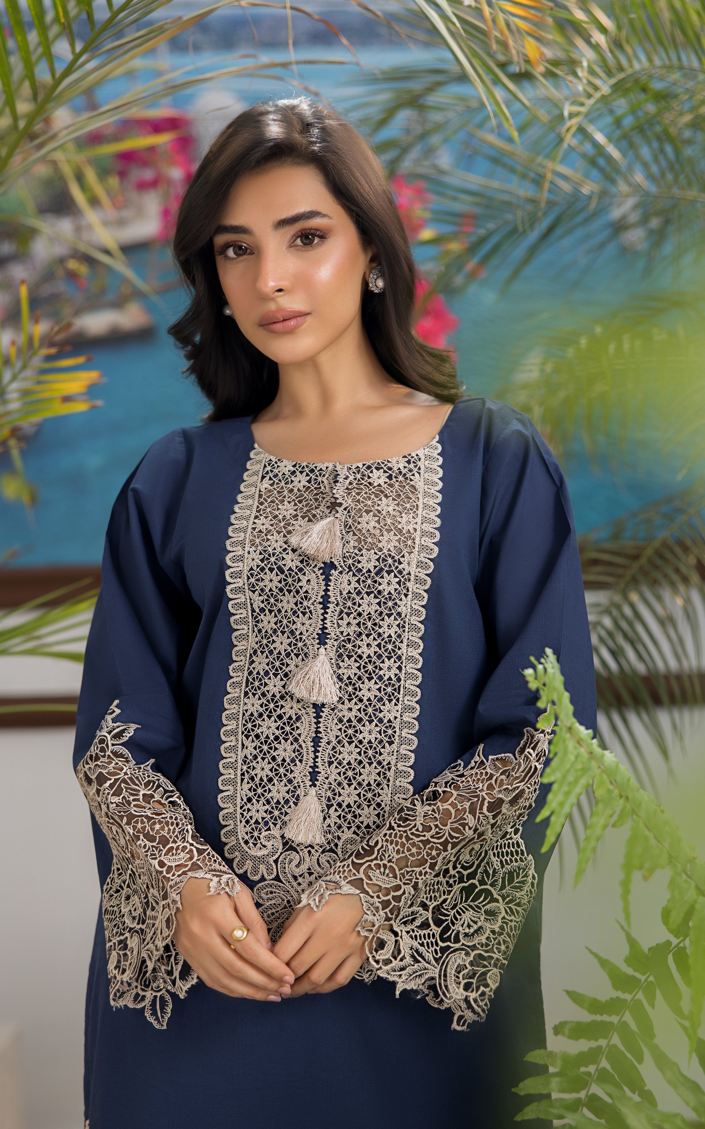 Pakistani Navy Blue Cutwork Embroidered Lawn Salwar Kameez (2-Piece) - Image 2