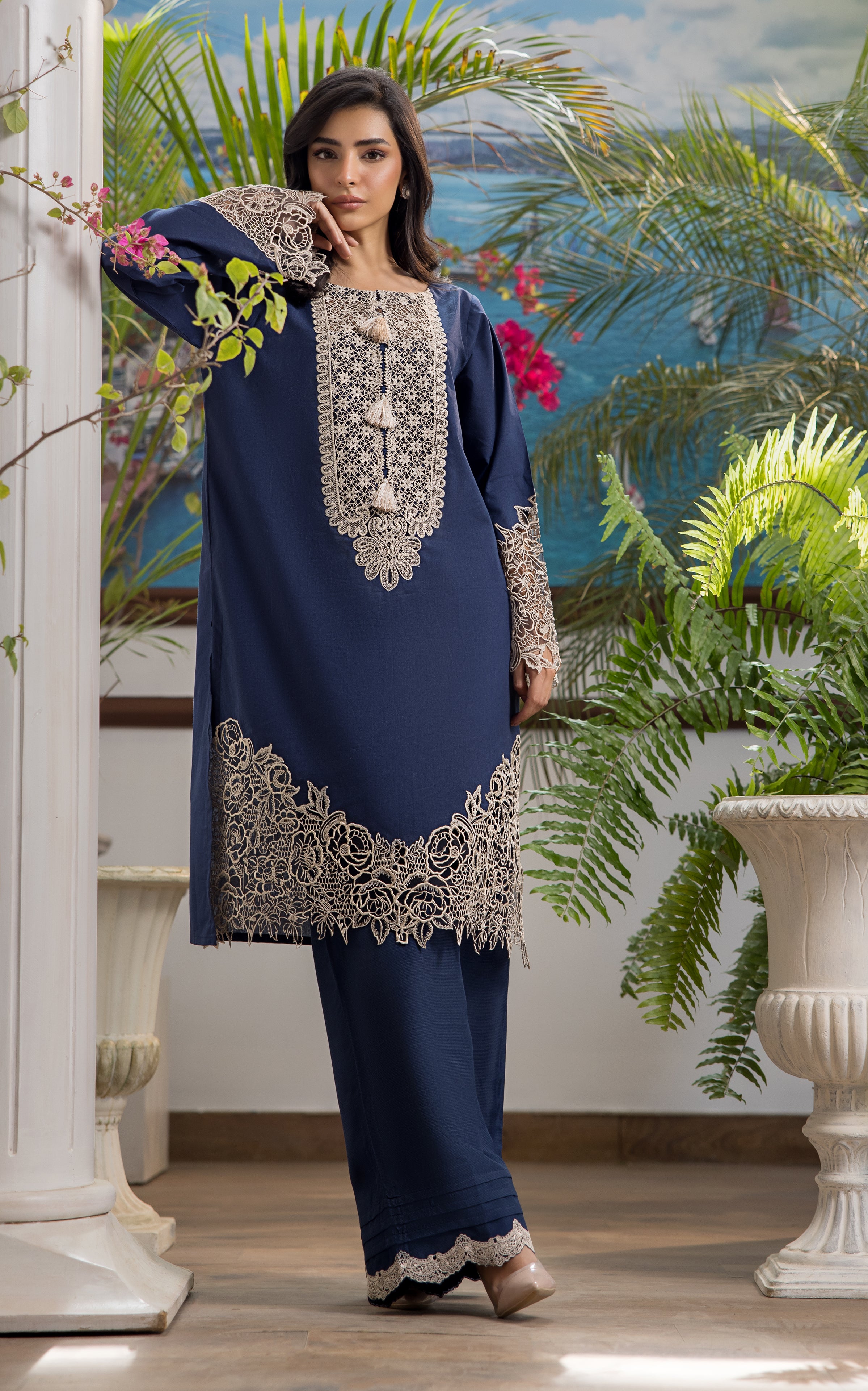Pakistani Navy Blue Cutwork Embroidered Lawn Salwar Kameez (2-Piece) - Image 3
