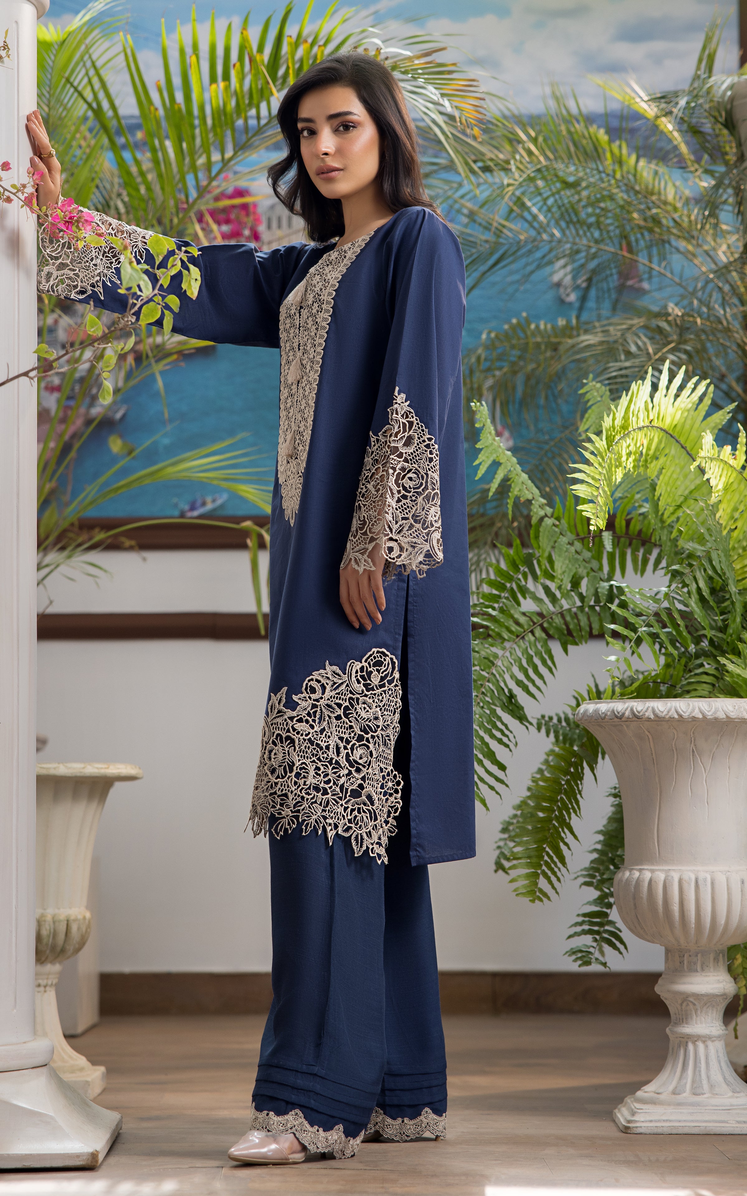 Pakistani Navy Blue Cutwork Embroidered Lawn Salwar Kameez (2-Piece) - Image 4