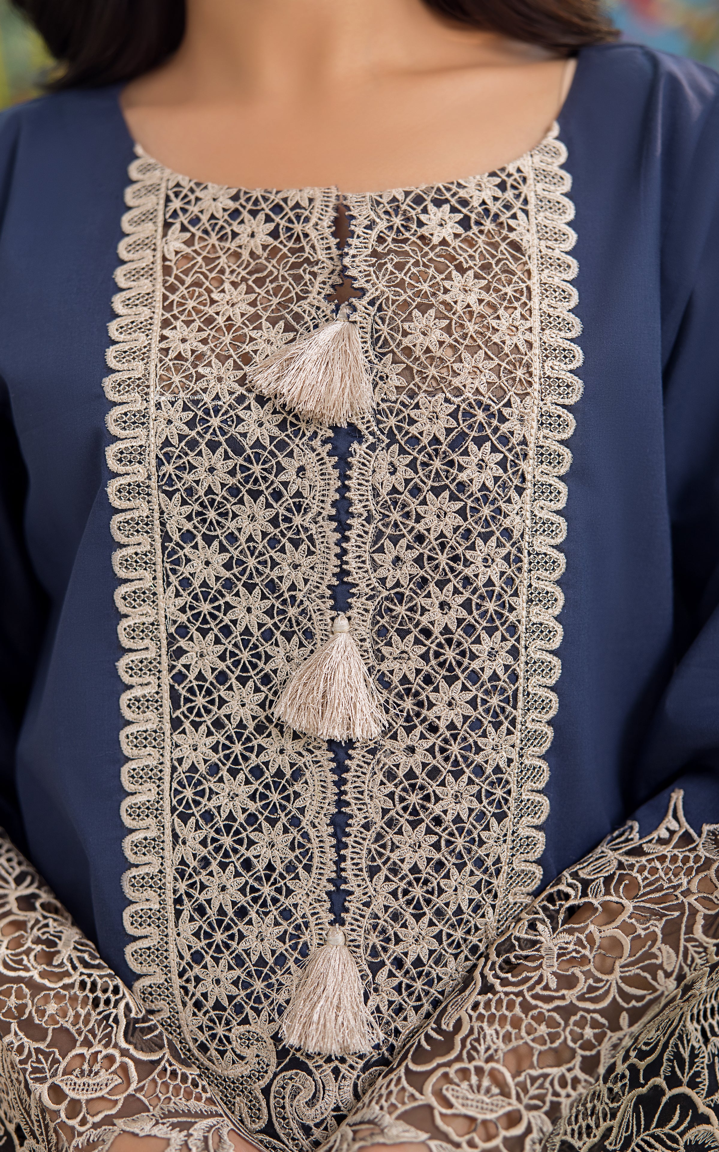 Pakistani Navy Blue Cutwork Embroidered Lawn Salwar Kameez (2-Piece) - Image 8