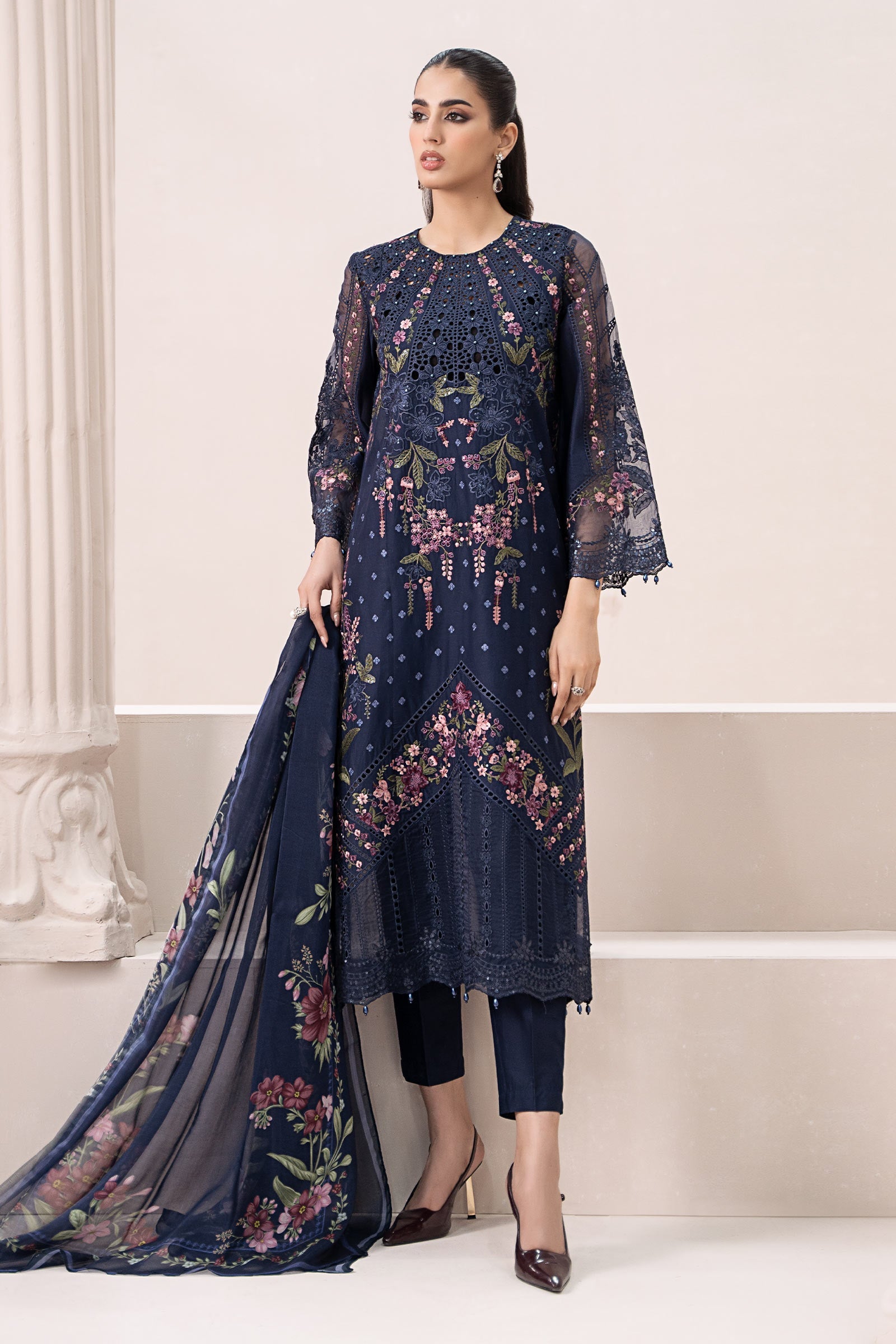 Pakistani Navy Blue Embroidered Lawn Salwar Kameez (3-Piece) - Image 1