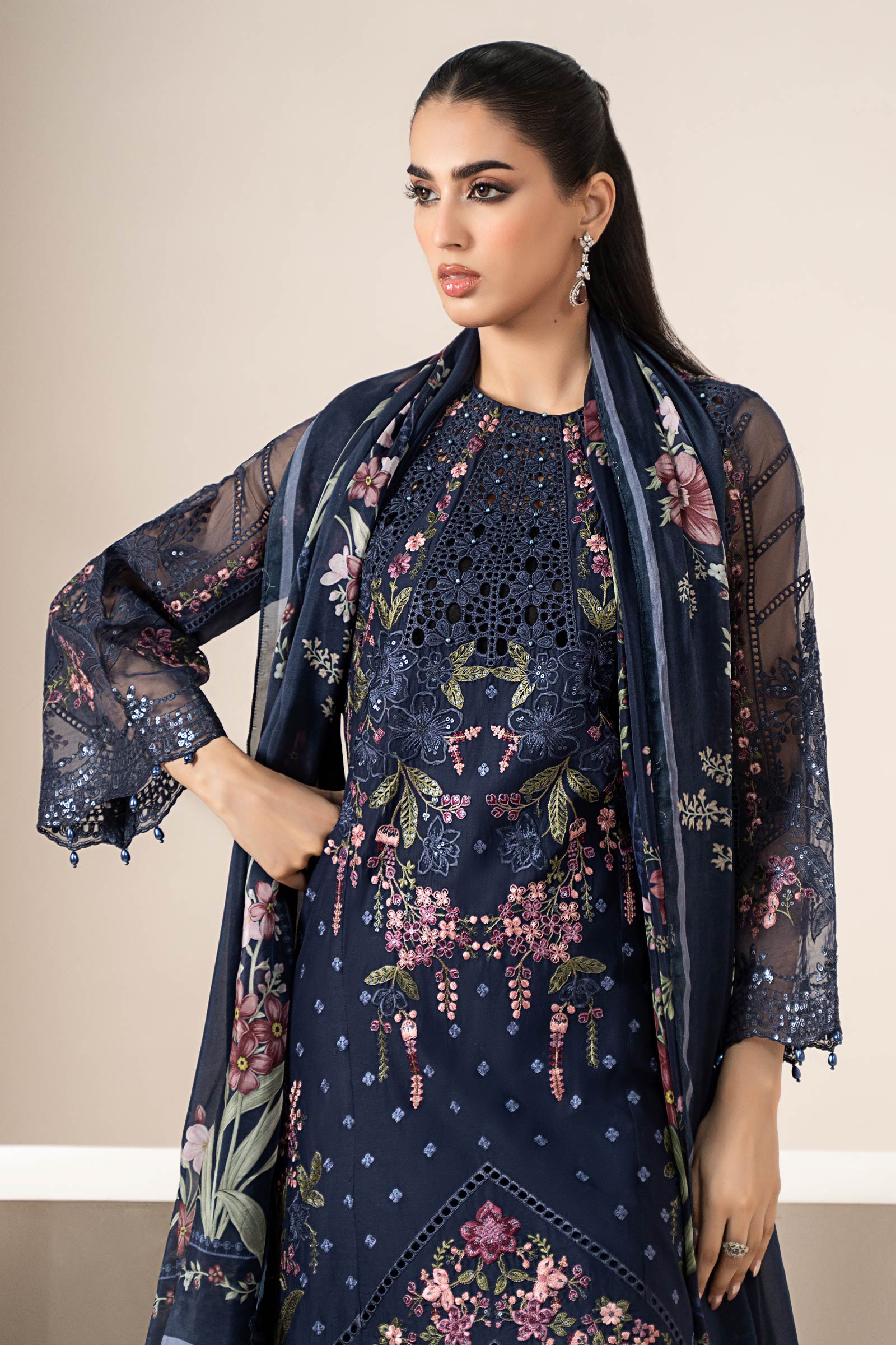 Pakistani Navy Blue Embroidered Lawn Salwar Kameez (3-Piece) - Image 2