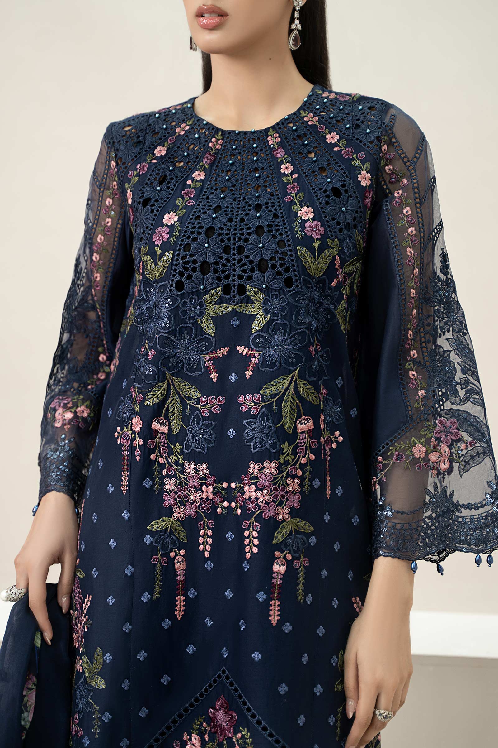 Pakistani Navy Blue Embroidered Lawn Salwar Kameez (3-Piece) - Image 3