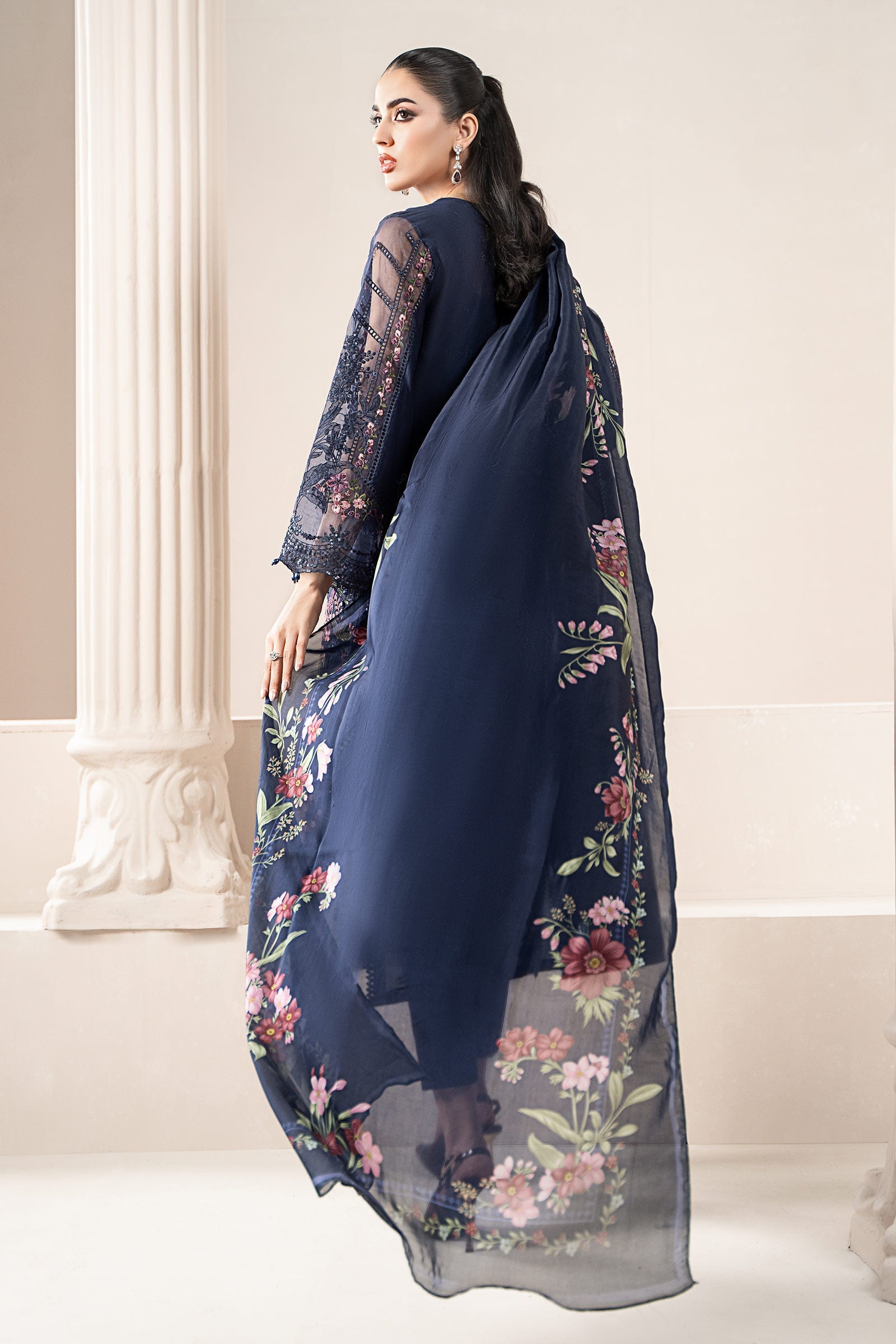 Pakistani Navy Blue Embroidered Lawn Salwar Kameez (3-Piece) - Image 6