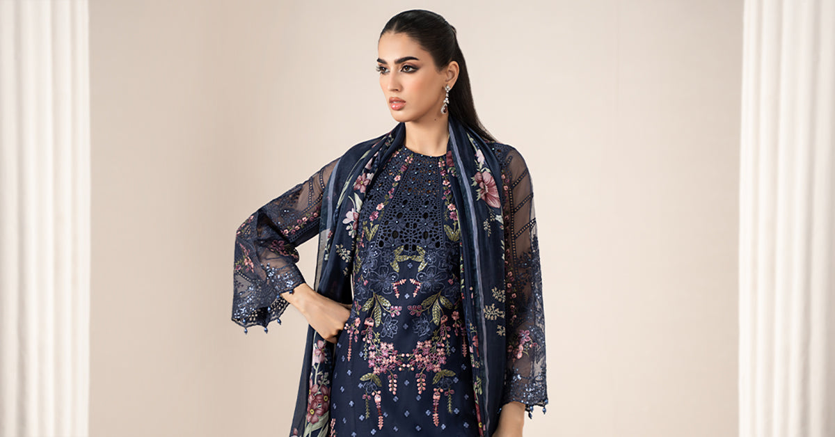 Pakistani Navy Blue Embroidered Lawn Salwar Kameez (3-Piece) - Image 7