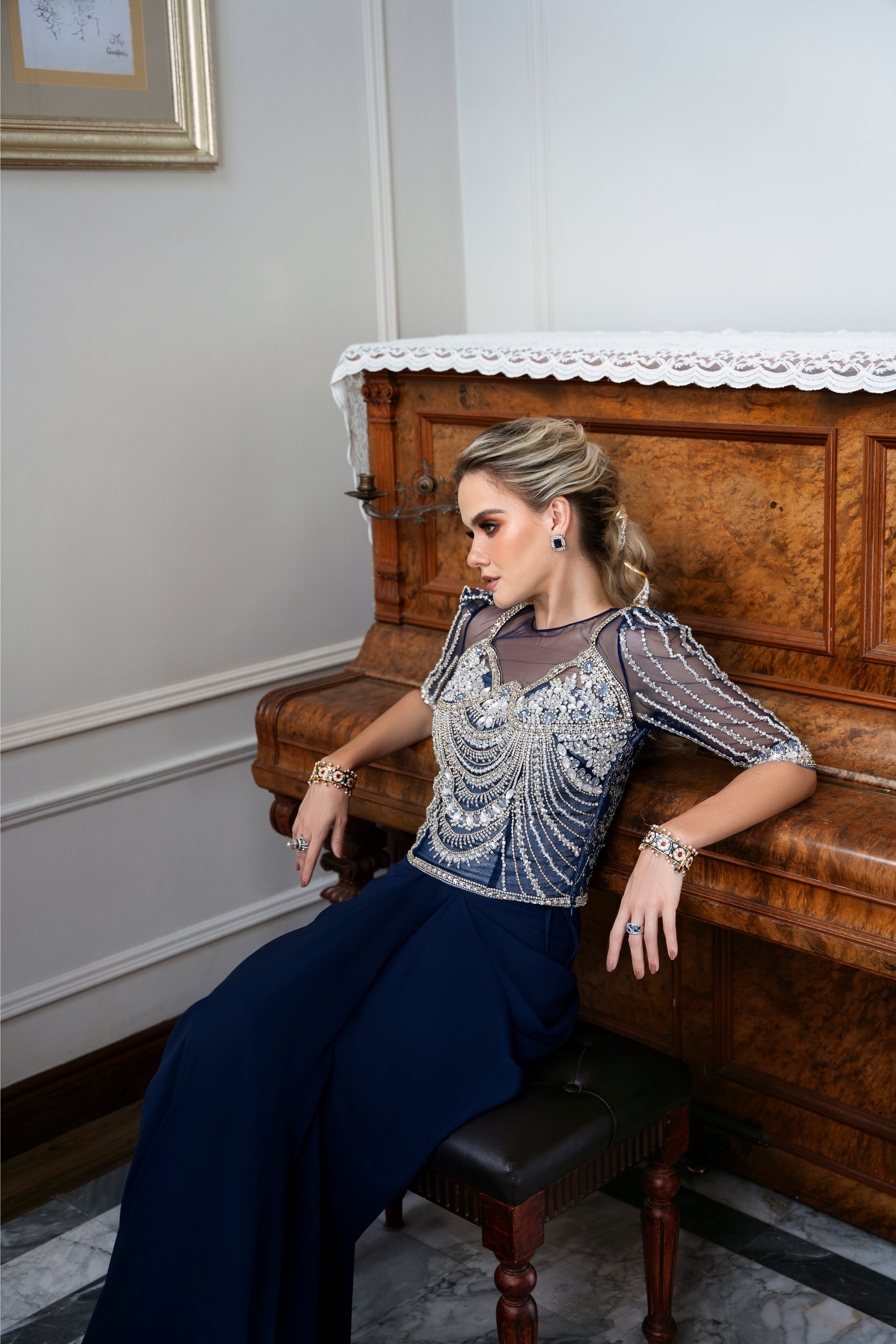 Pakistani Navy Blue Embellished Net Shirt with Grip Pants (2-Piece) - Image 2