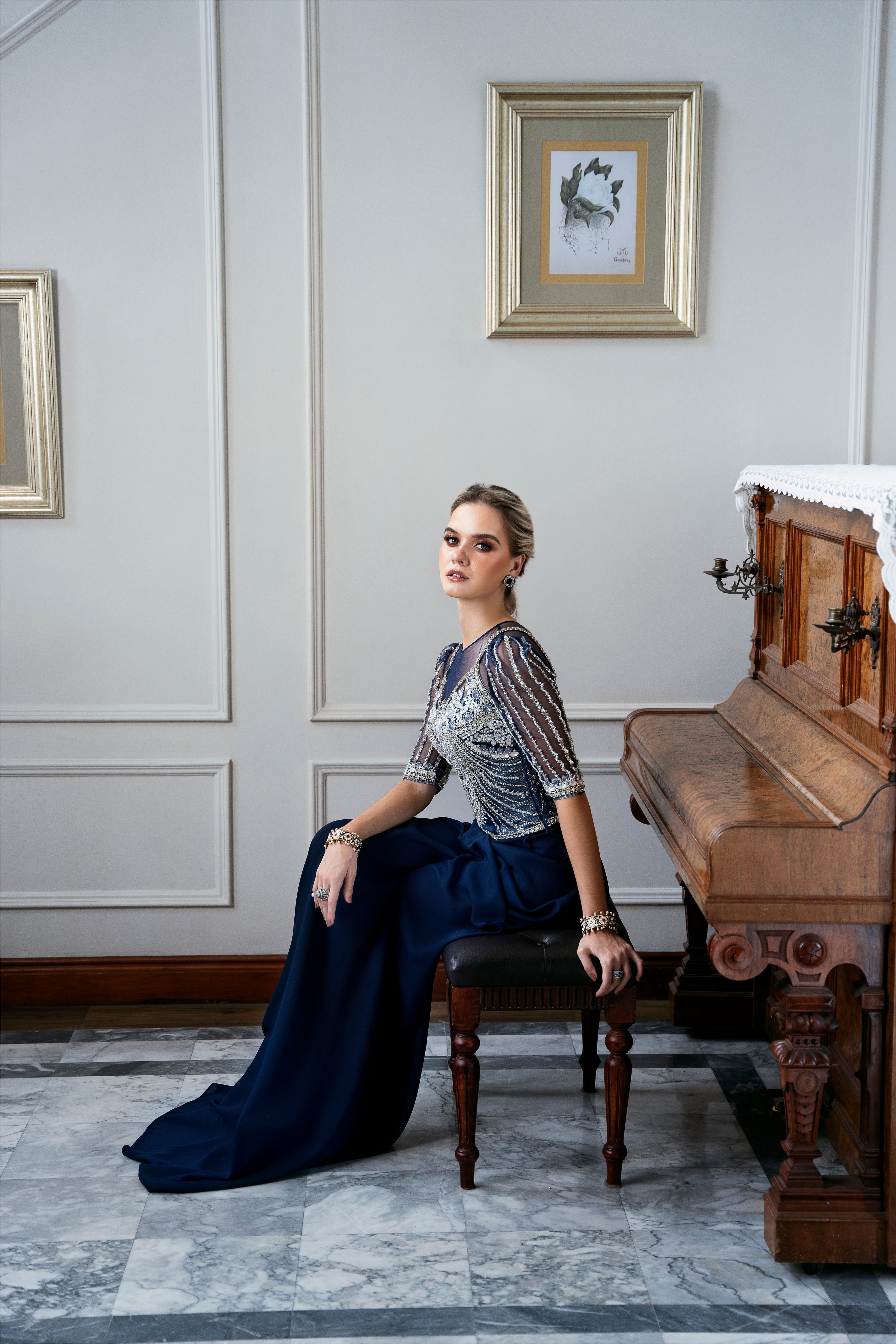 Pakistani Navy Blue Embellished Net Shirt with Grip Pants (2-Piece) - Image 3