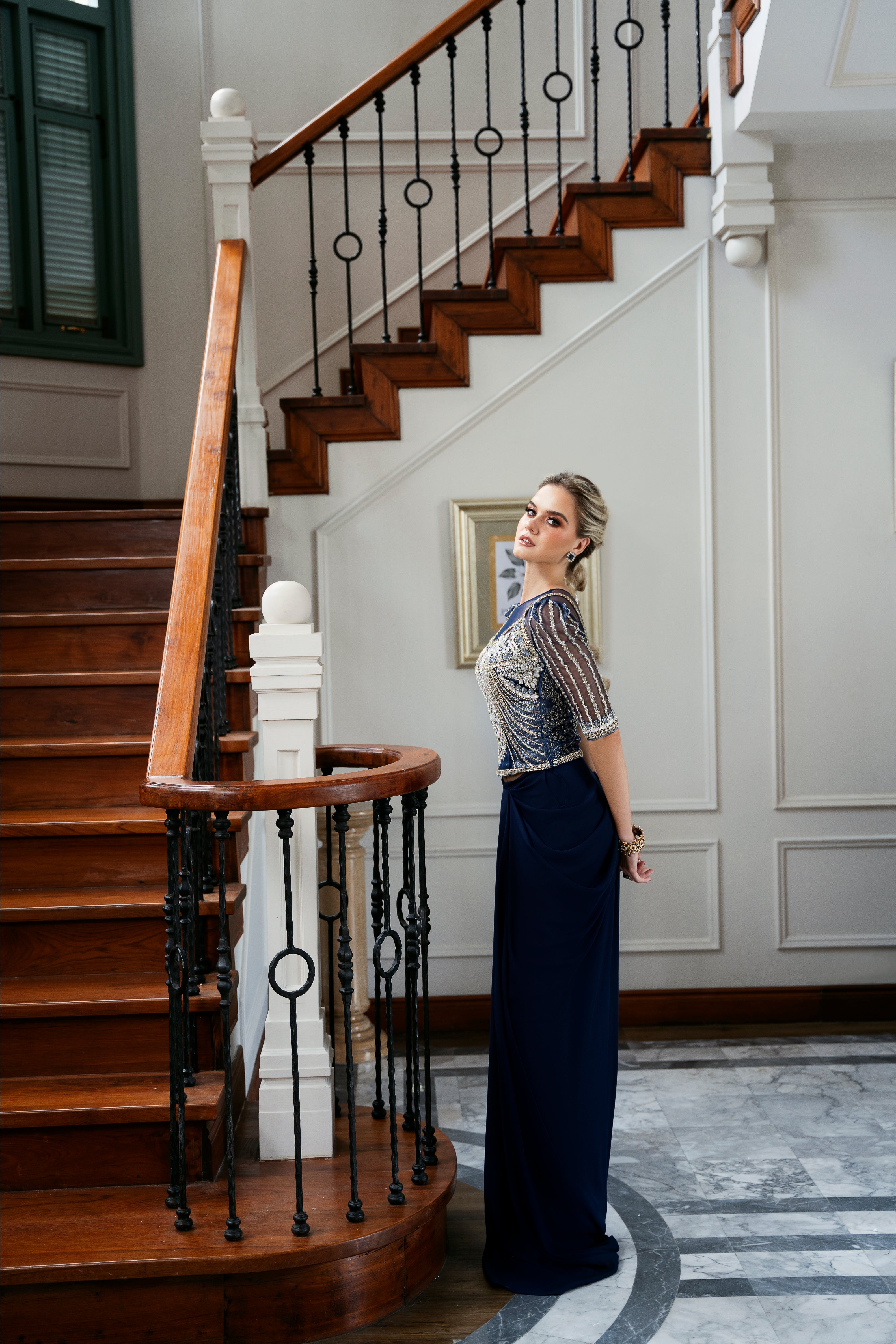 Pakistani Navy Blue Embellished Net Shirt with Grip Pants (2-Piece) - Image 4