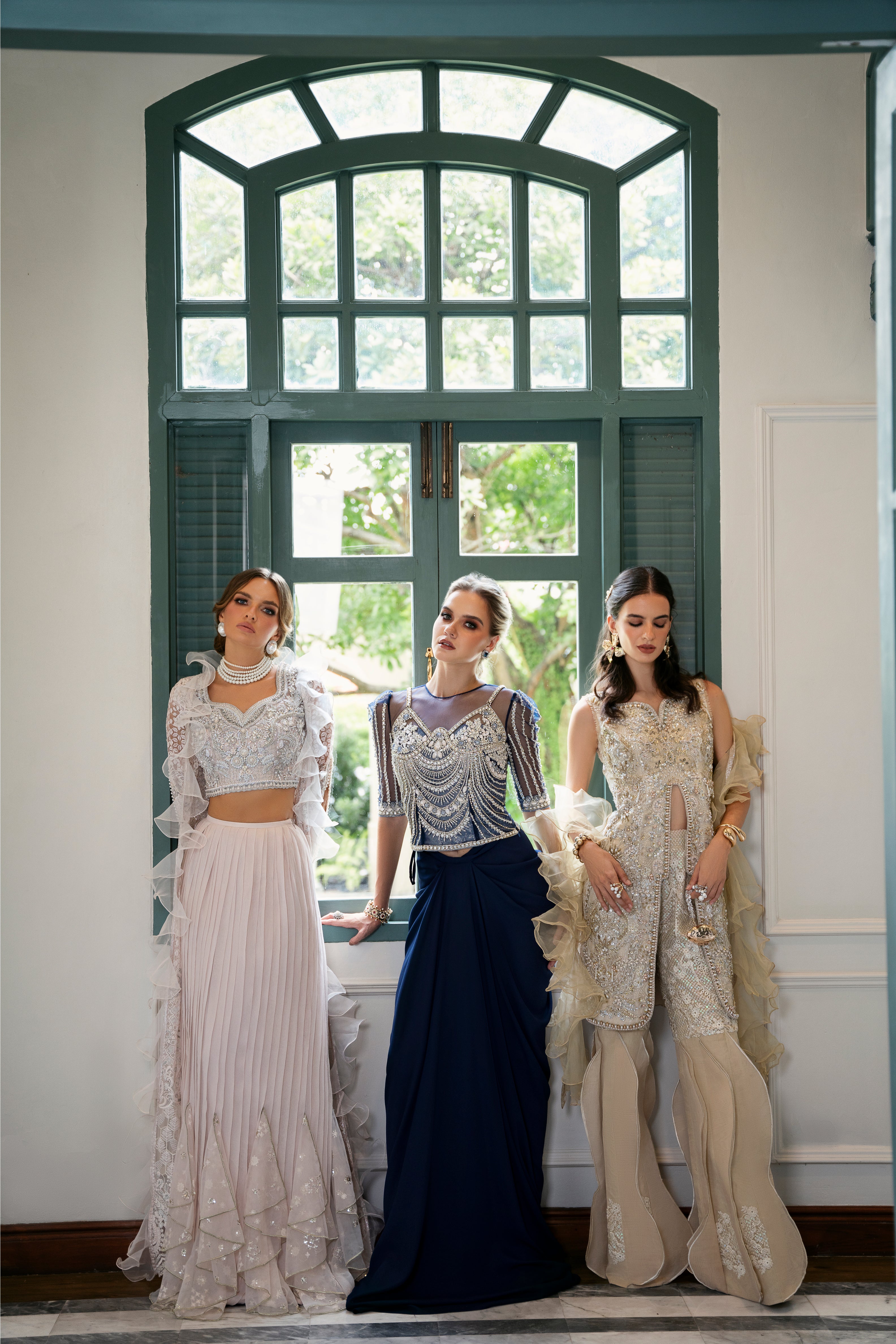 Pakistani Navy Blue Embellished Net Shirt with Grip Pants (2-Piece) - Image 6