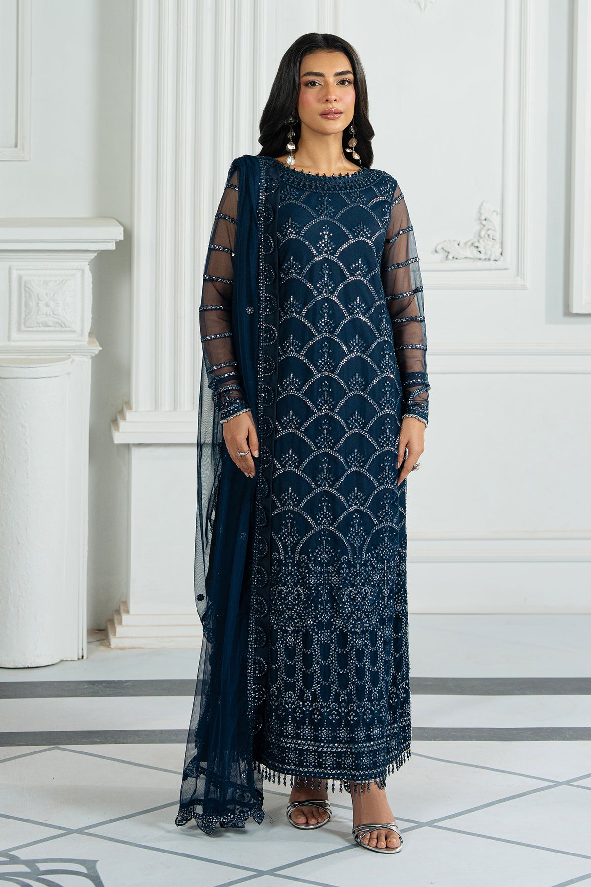 Deep Navy Sequins Embroidered Net Salwar Kameez (3-Piece) - Image 1