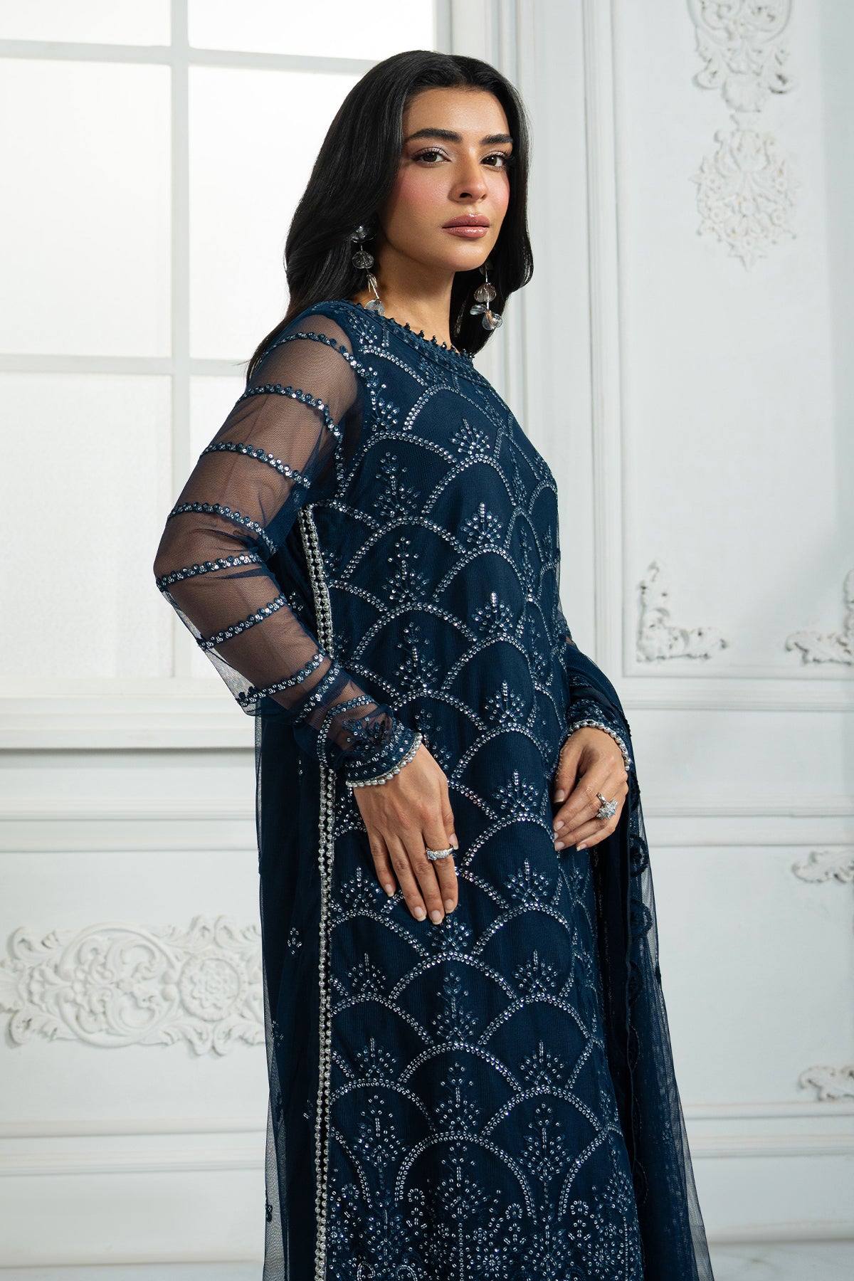 Deep Navy Sequins Embroidered Net Salwar Kameez (3-Piece) - Image 2