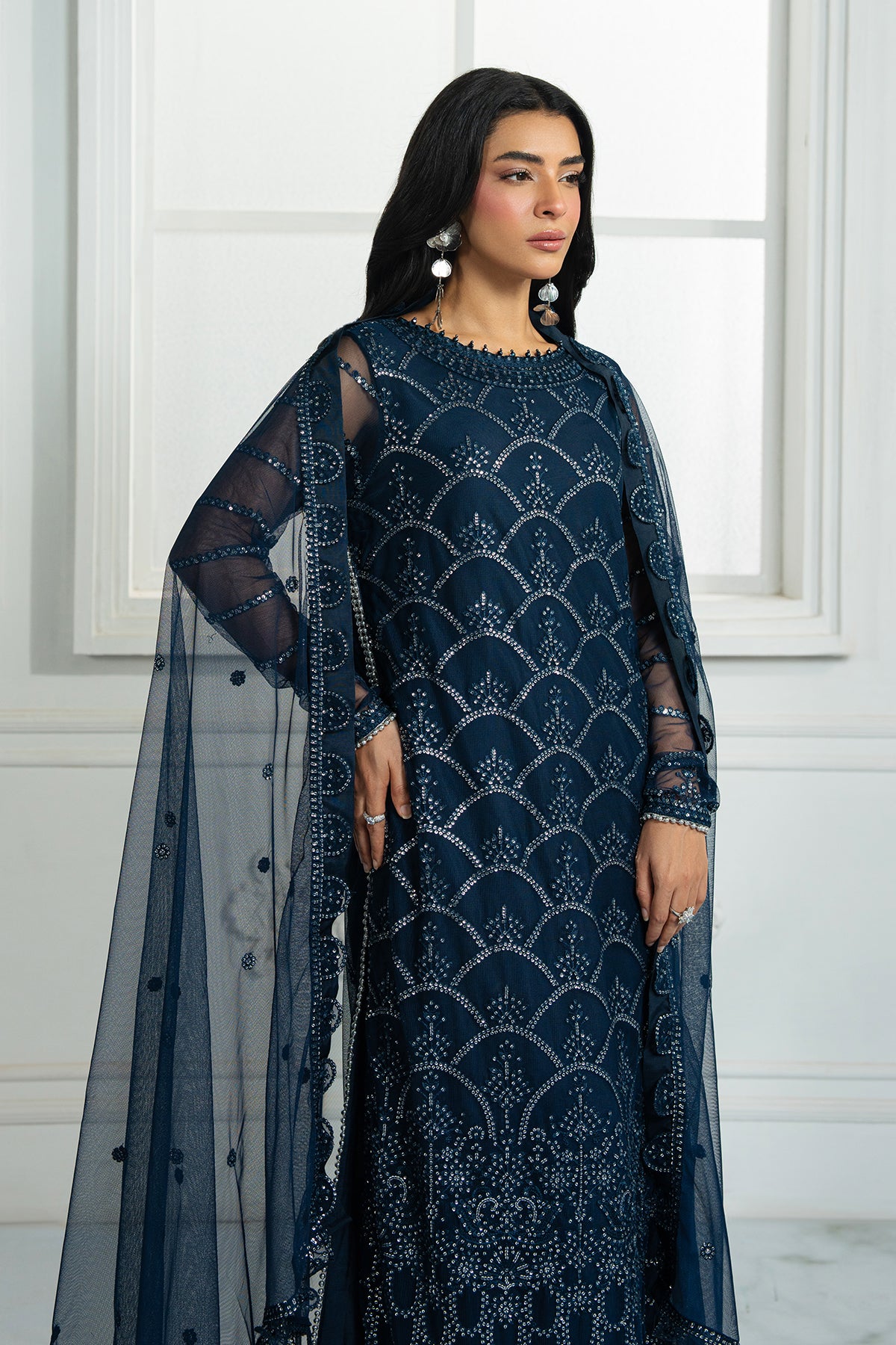Deep Navy Sequins Embroidered Net Salwar Kameez (3-Piece) - Image 3