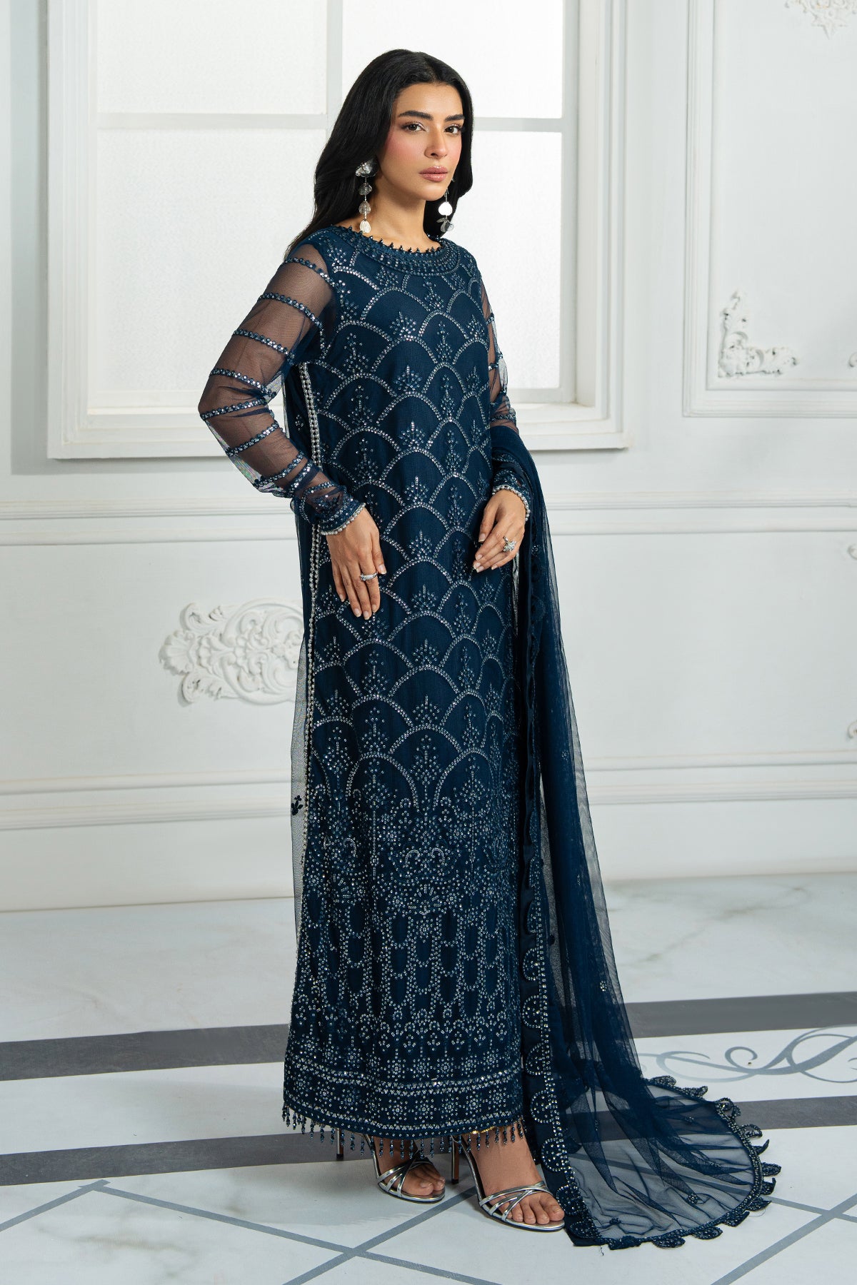 Deep Navy Sequins Embroidered Net Salwar Kameez (3-Piece) - Image 4